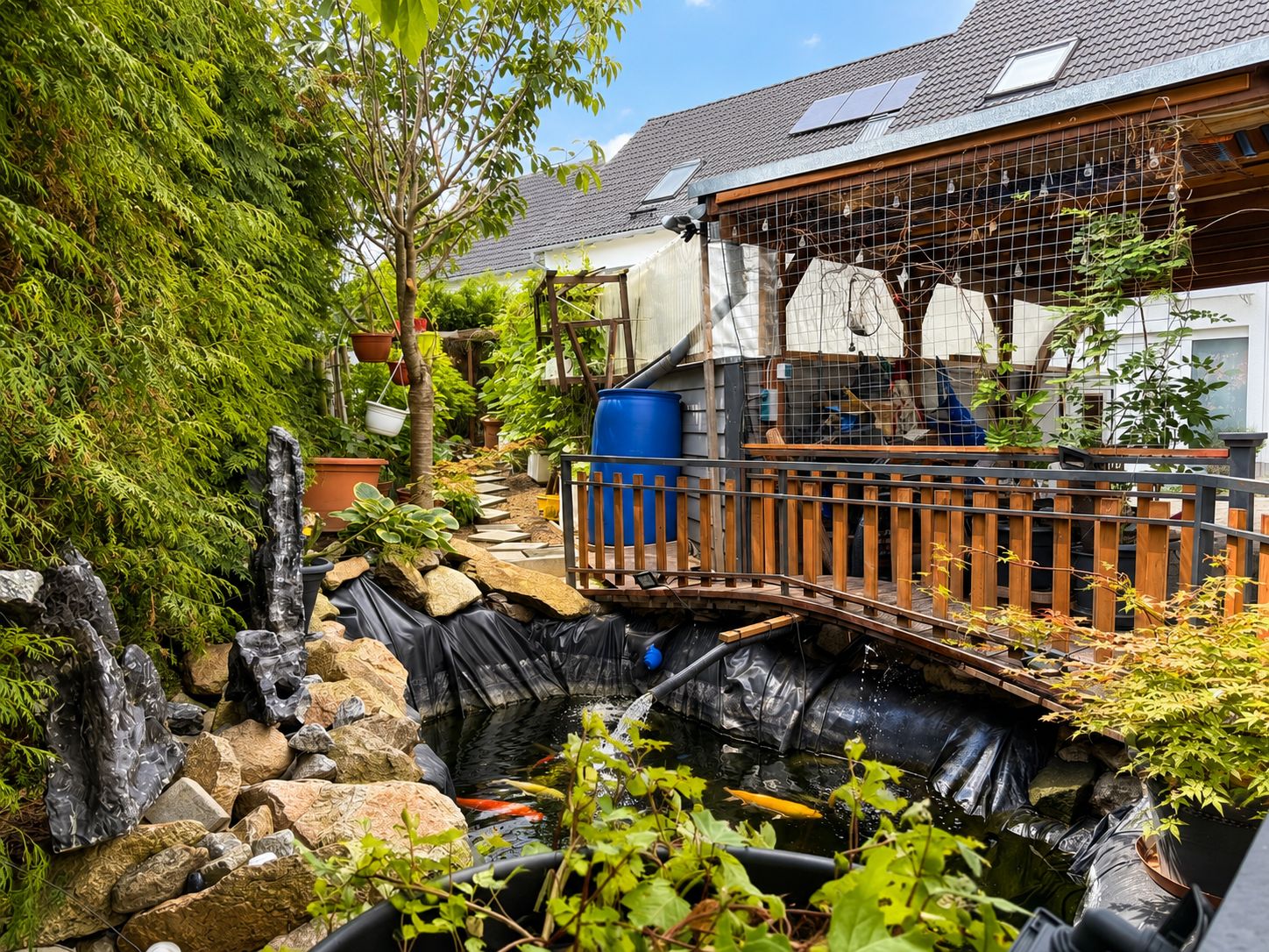 Garten mit Teich, Fischen, Holzbrücke, Pflanzen und Haus im Hintergrund.