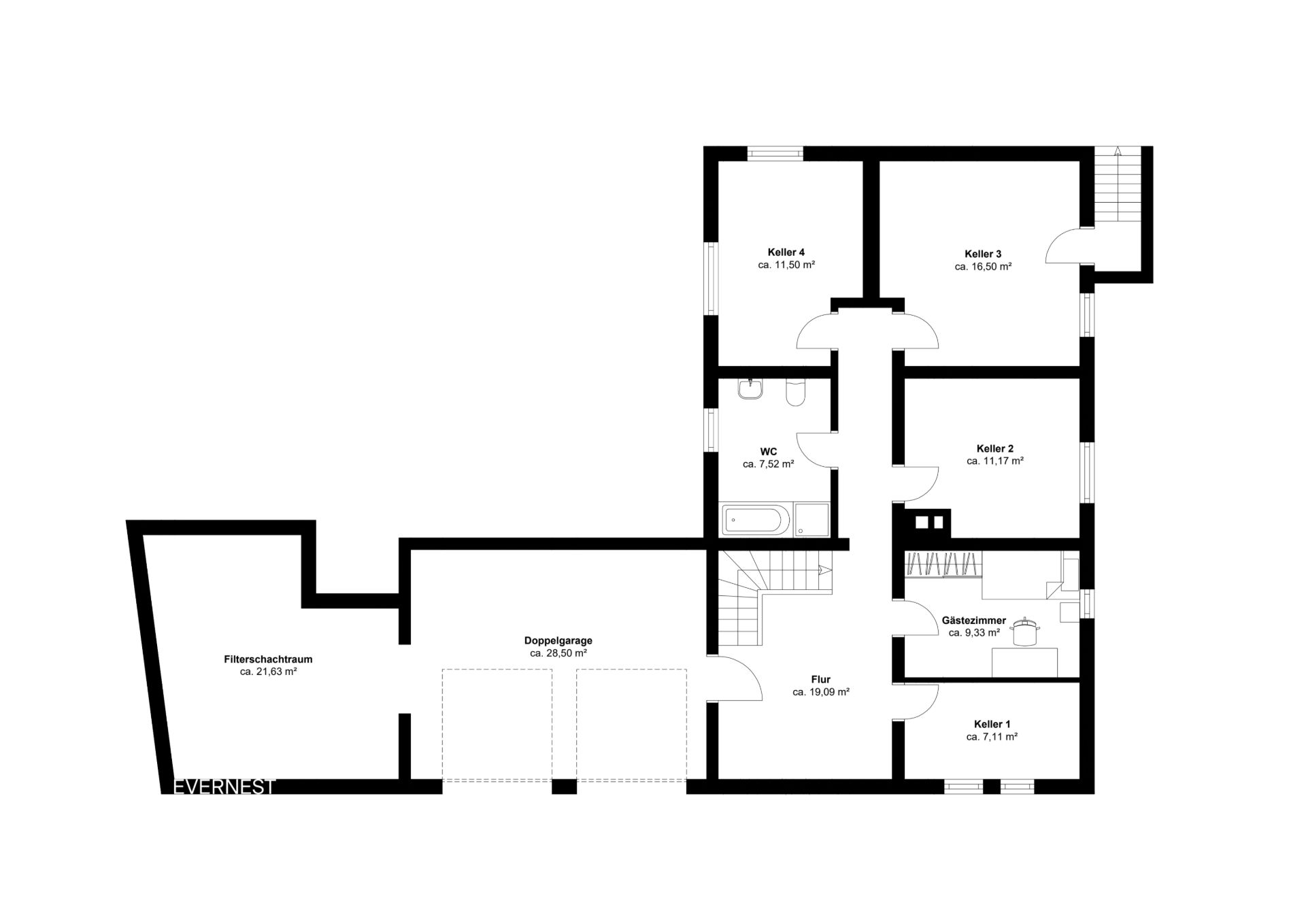 Grundriss eines Kellers mit mehreren Räumen, Garage, Flur und WC.
