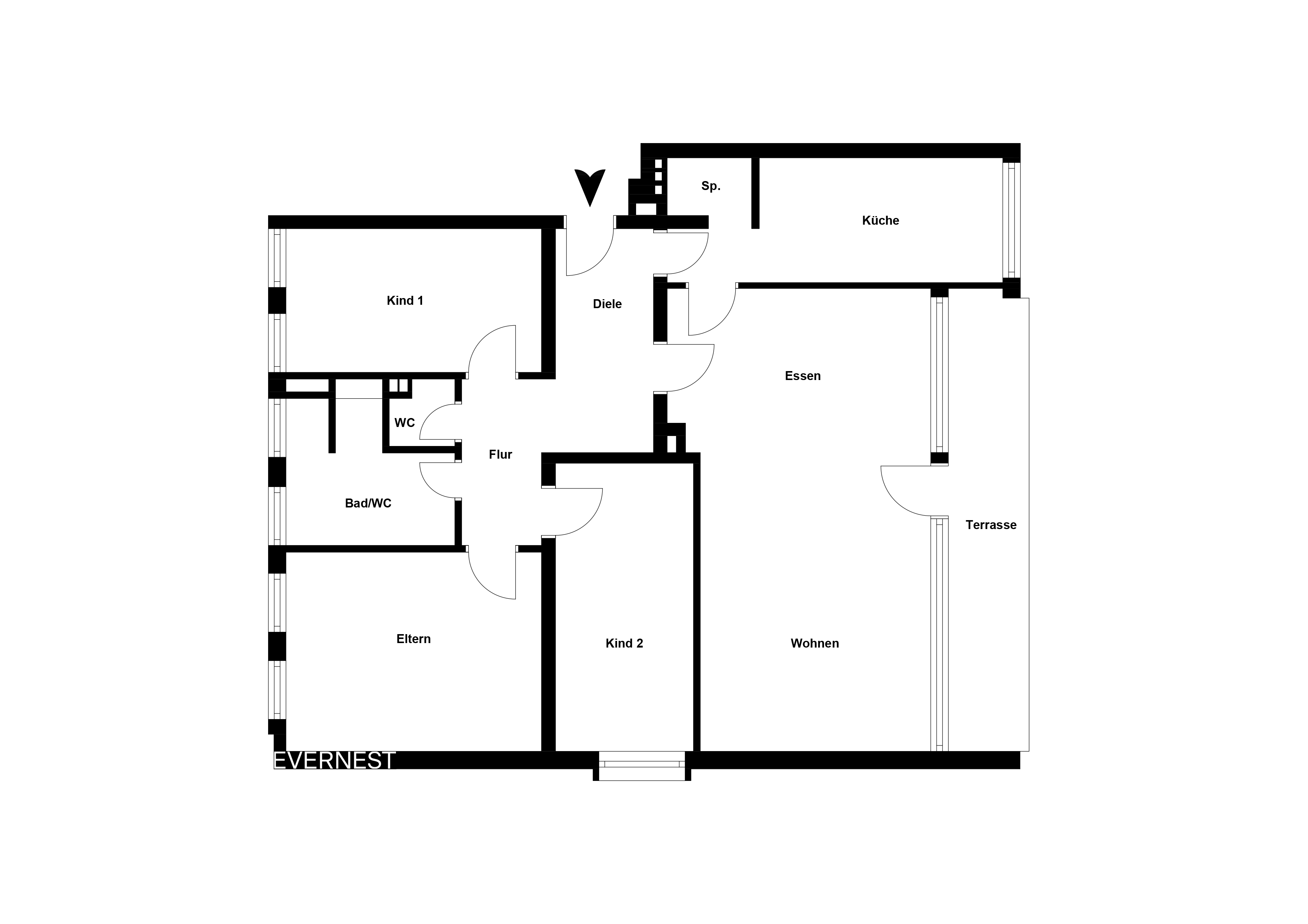 Grundriss einer Wohnung mit drei Schlafzimmern, Küche, Bad, WC, Esszimmer, Wohnzimmer und Terrasse.