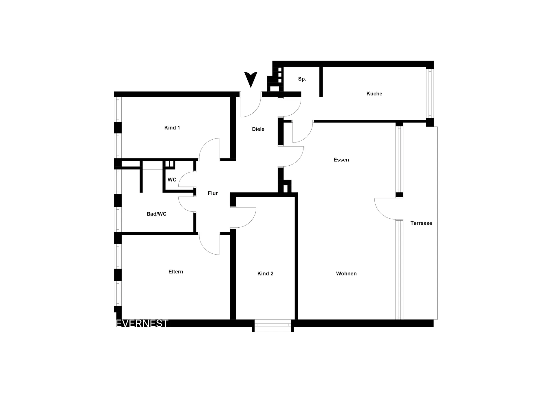 Grundriss einer Wohnung mit drei Schlafzimmern, Küche, Bad, WC, Esszimmer, Wohnzimmer und Terrasse.
