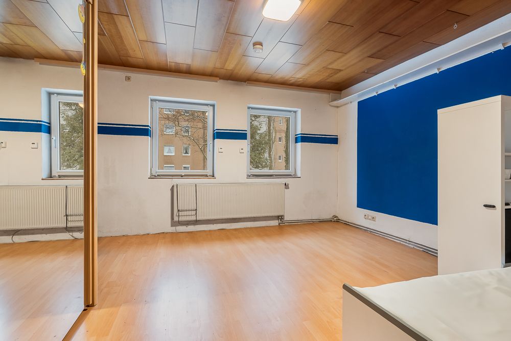 Heller Raum mit Holzboden, Holzdecke, drei Fenstern und blauer Akzentwand.
