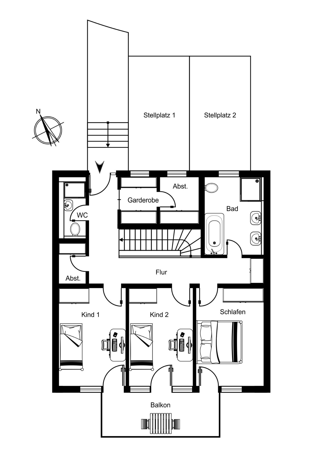 Grundriss einer Wohnung mit zwei Kinderzimmern, Schlafzimmer, Bad, WC, Flur und Balkon.