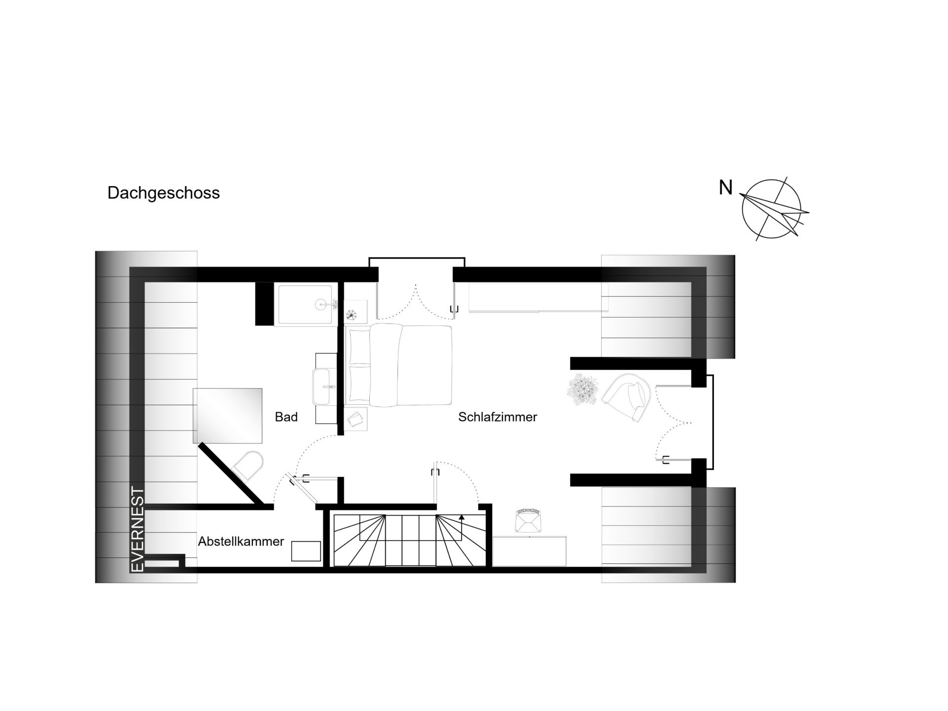 Grundriss eines Dachgeschosses mit Schlafzimmer, Bad und Abstellkammer.