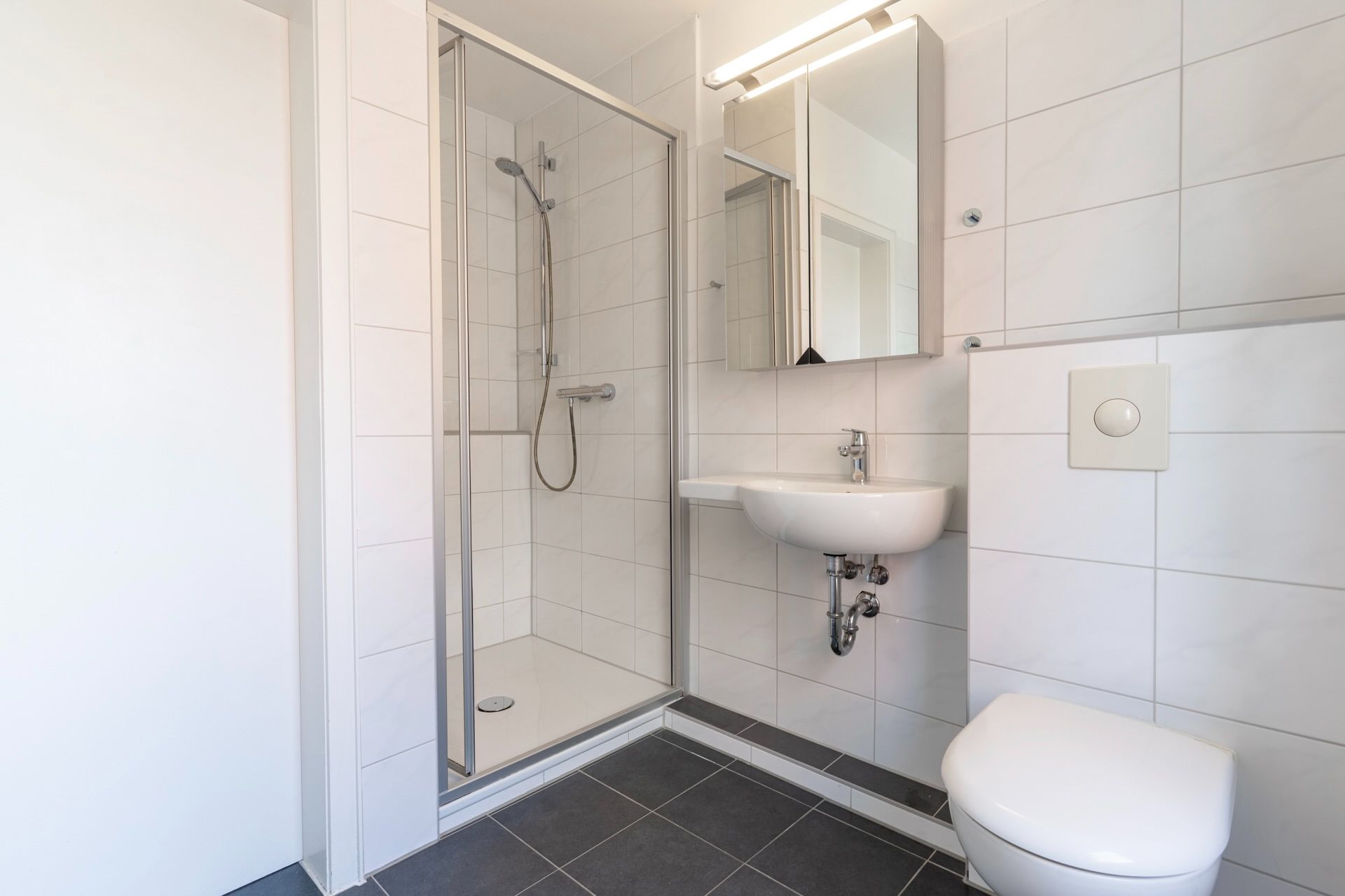 Modernes Badezimmer mit Dusche, Waschbecken, Spiegel und Toilette.