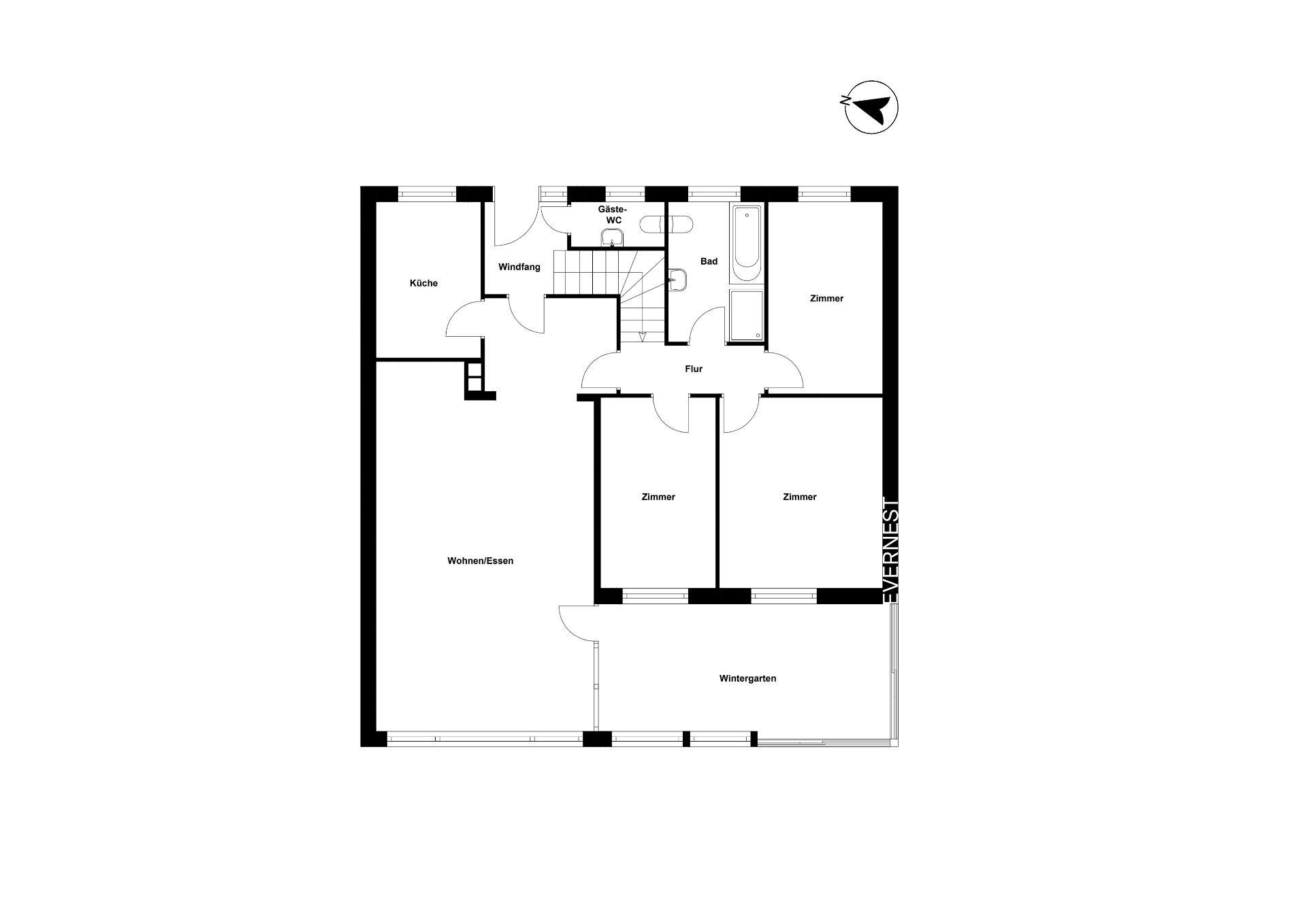 Grundriss mit Küche, Wohn-/Esszimmer, Wintergarten, Bad, Gäste-WC und drei Zimmern.