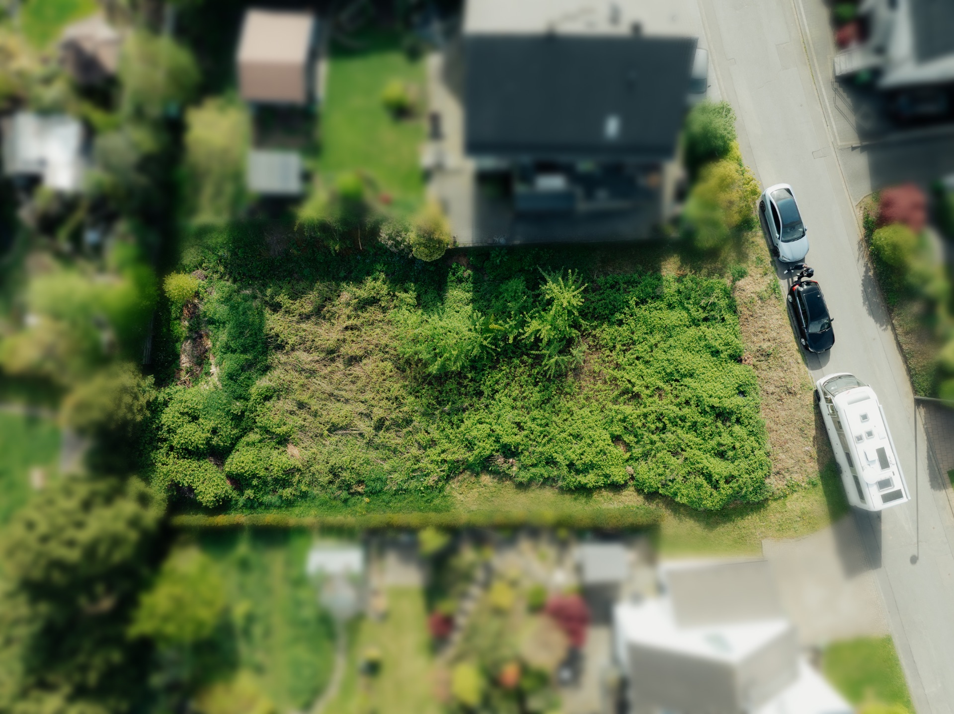 Luftaufnahme eines rechteckigen, überwucherten Grundstücks mit geparkten Autos an der Straße.