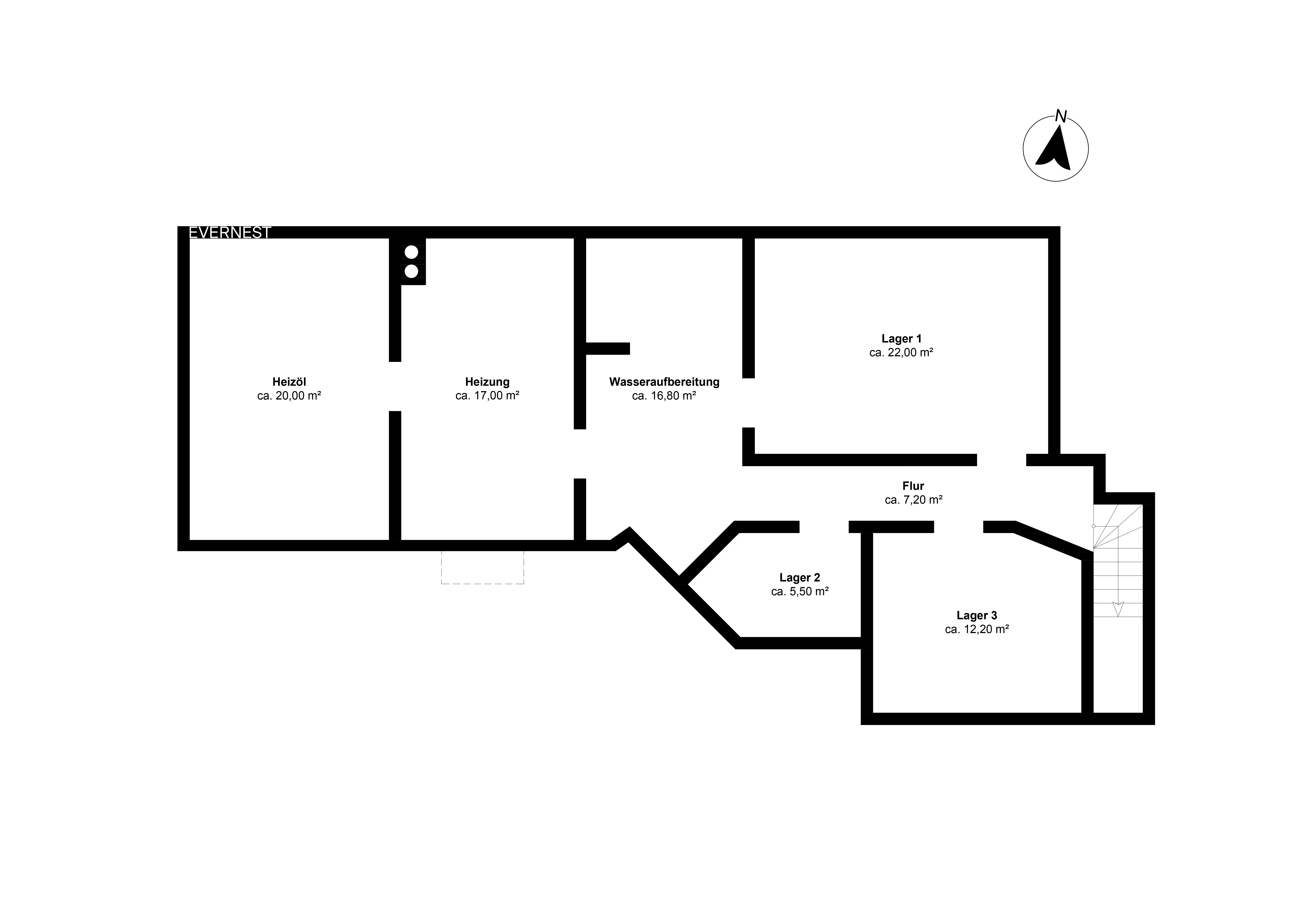 Grundriss mit Räumen für Heizöl, Heizung, Wasseraufbereitung, drei Lagerräumen und Flur.