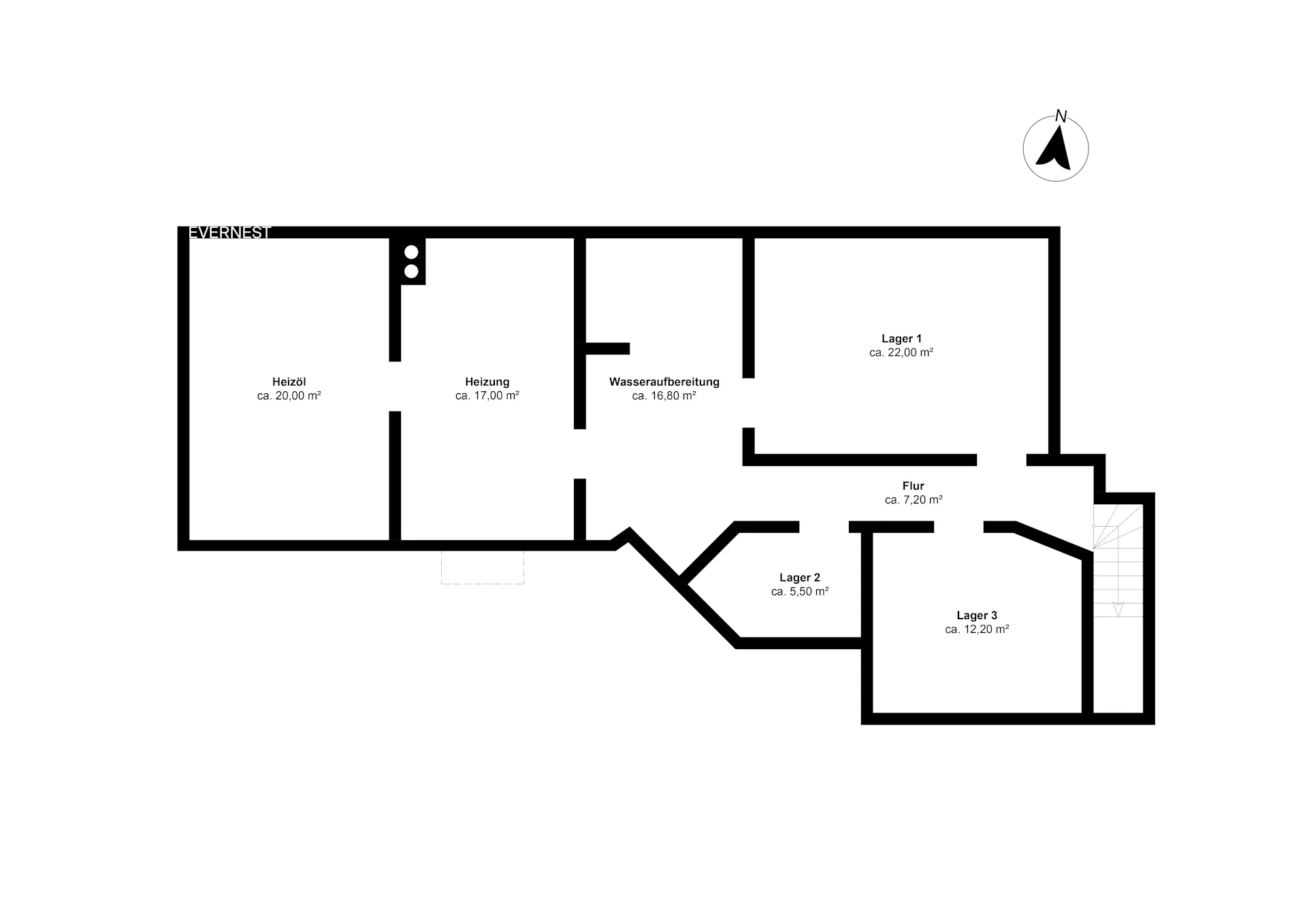 Grundriss mit Räumen für Heizöl, Heizung, Wasseraufbereitung, drei Lagerräumen und Flur.