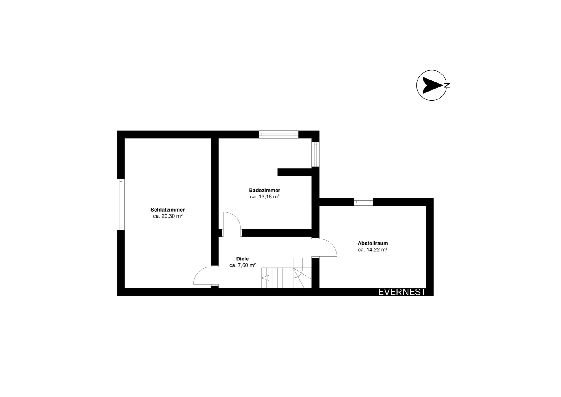 Grundriss mit Schlafzimmer, Badezimmer, Abstellraum und Diele mit Flächenangaben.