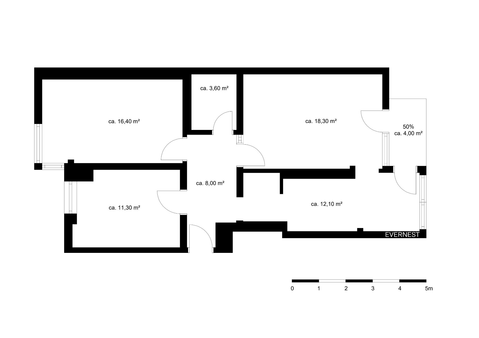 Grundriss einer Wohnung mit mehreren beschrifteten Zimmern und Flächenangaben.