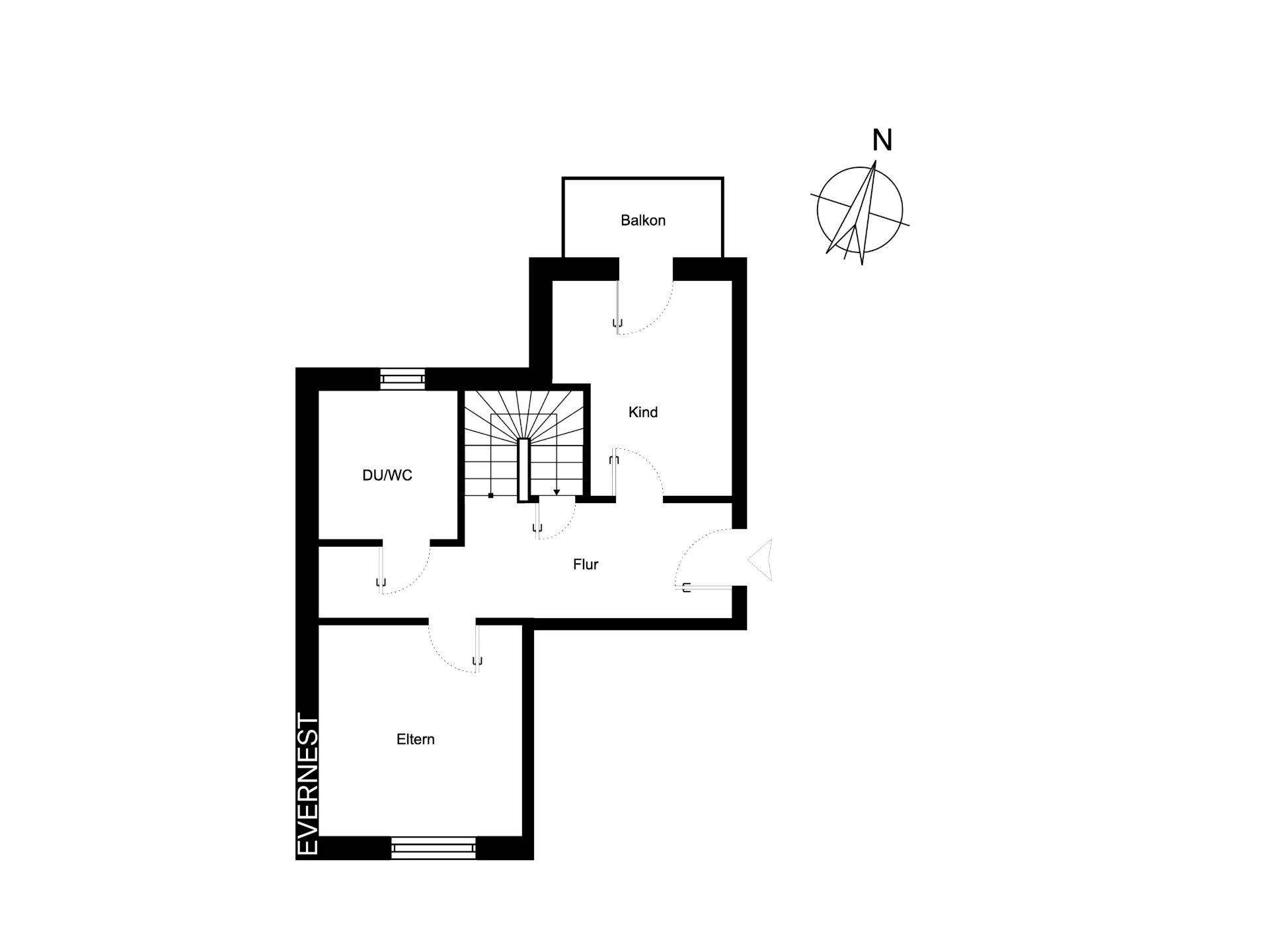 Grundriss mit Elternschlafzimmer, Kinderzimmer, Flur, Dusche/WC und Balkon.