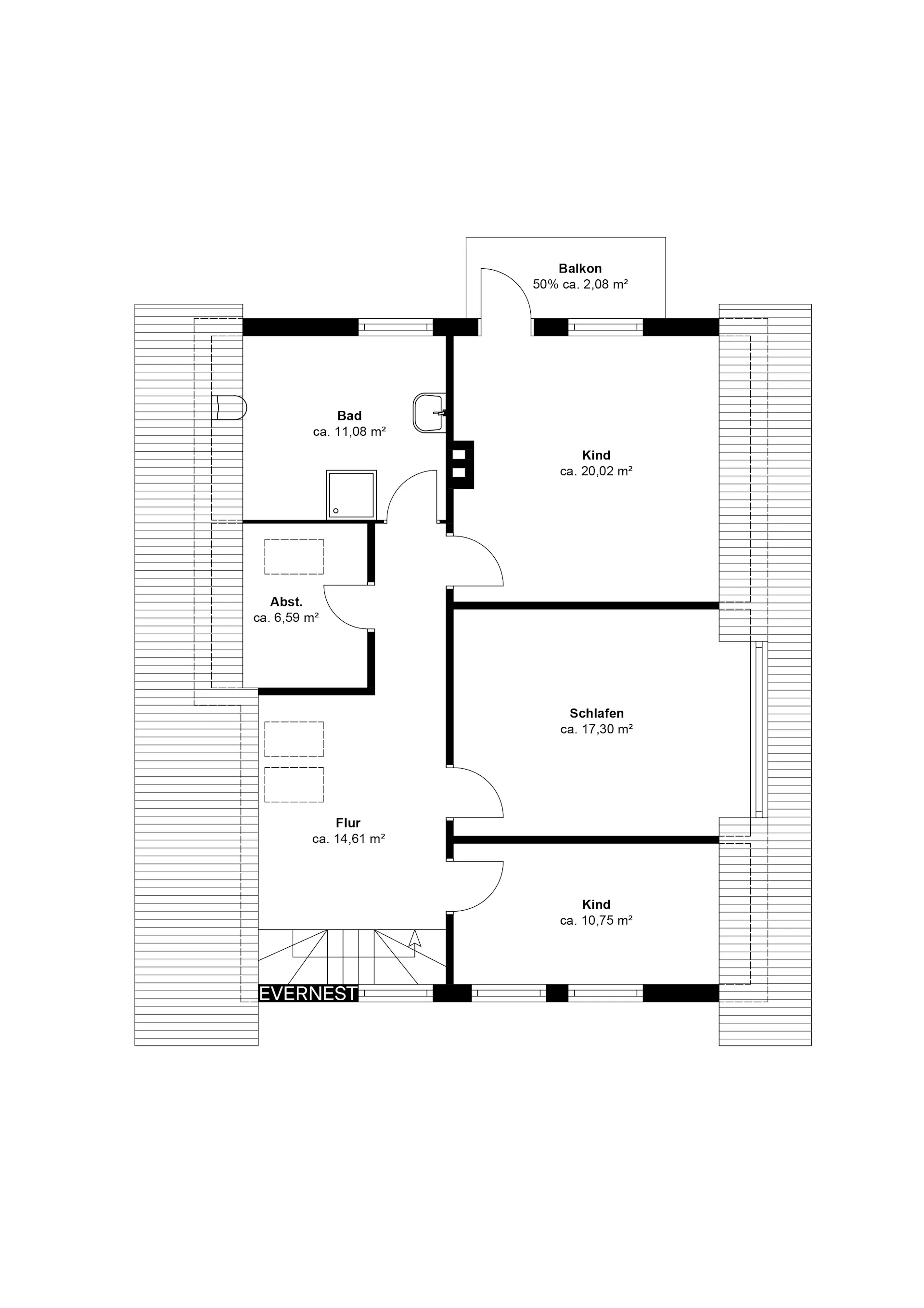 Grundriss mit drei Kinderzimmern, Schlafzimmer, Bad, Abstellraum, Flur und Balkon.