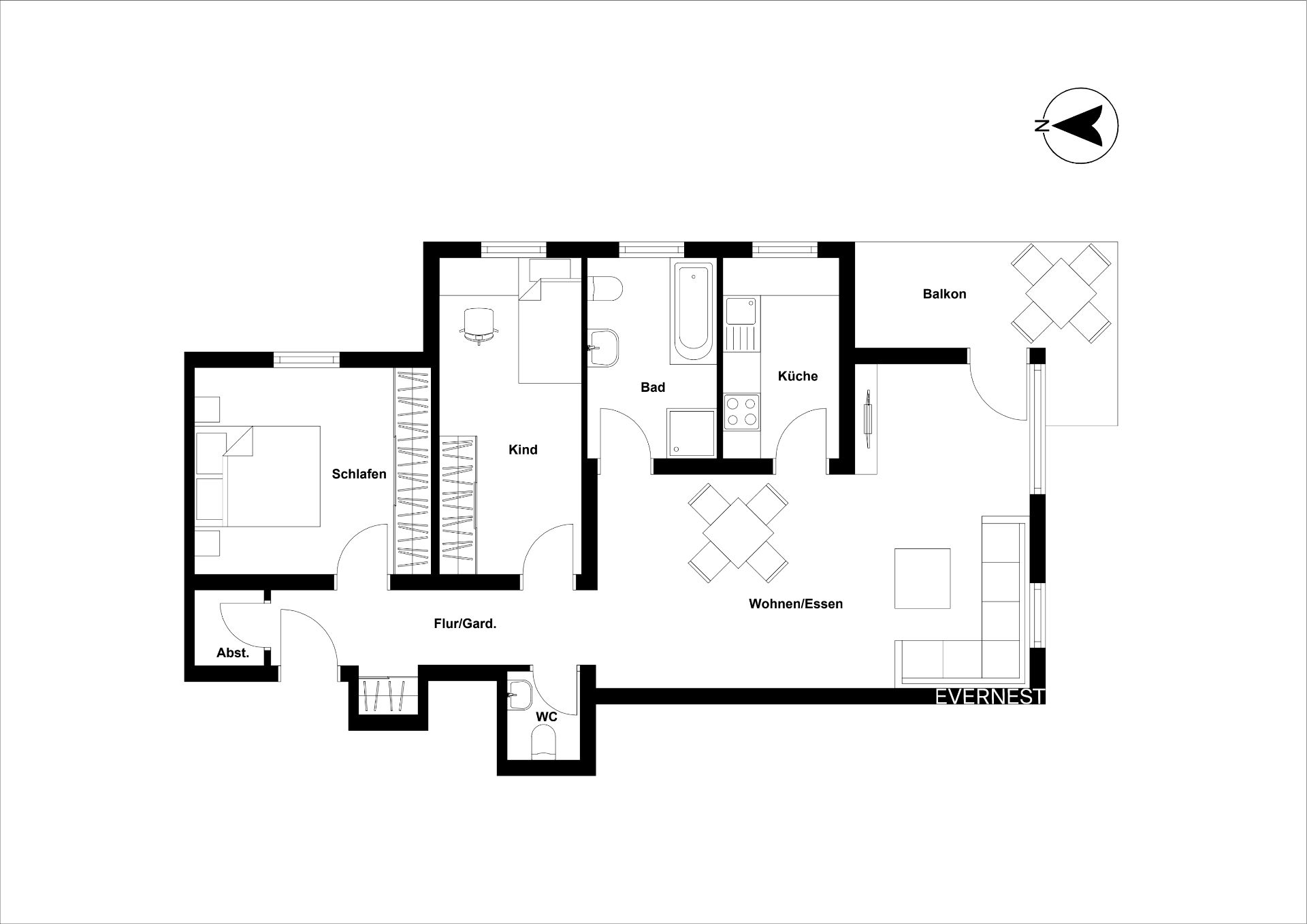 Grundriss einer Wohnung mit Schlafzimmer, Kinderzimmer, Bad, Küche, Wohnzimmer und Balkon.