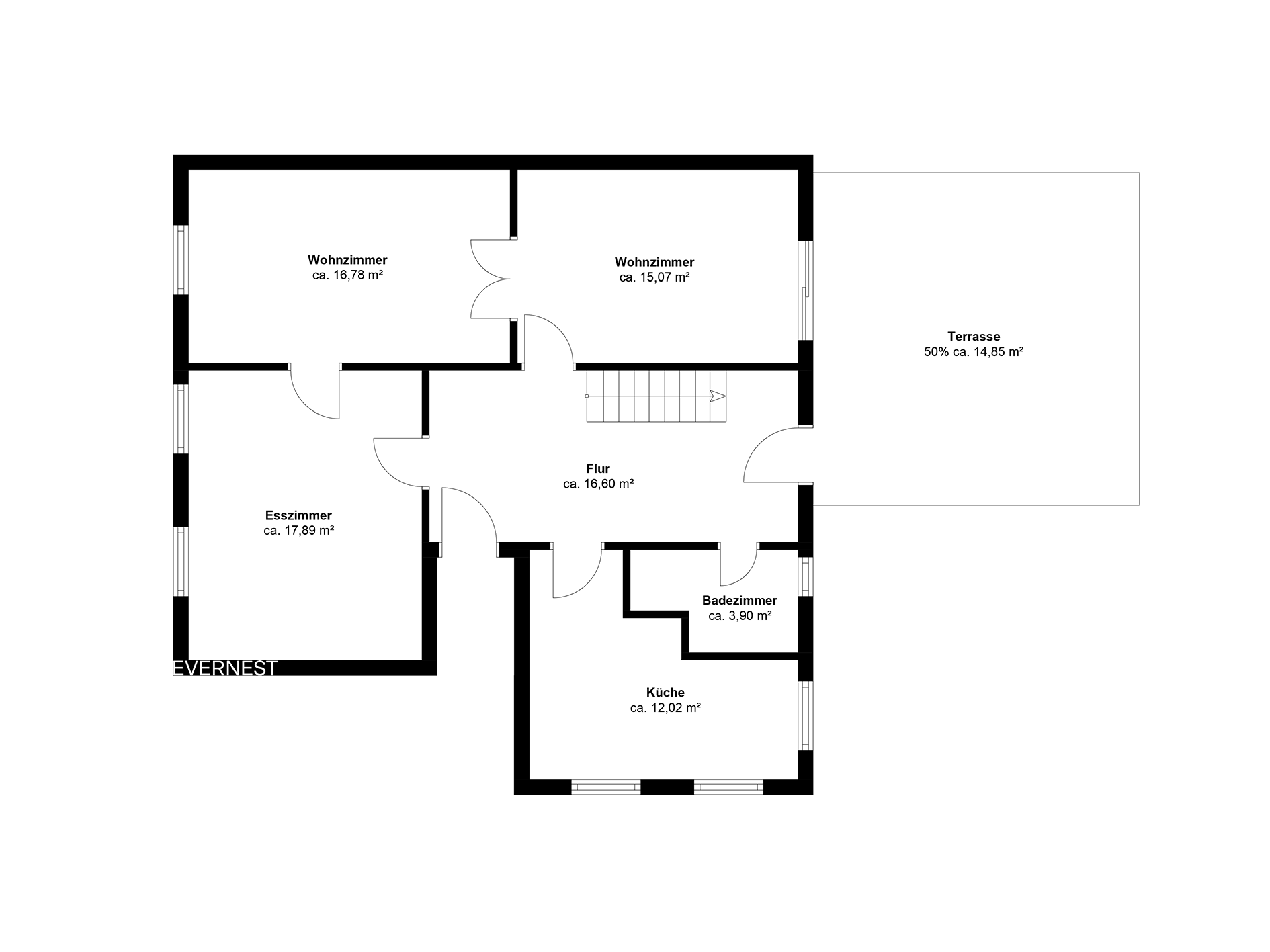 Grundriss einer Wohnung mit Wohnzimmern, Esszimmer, Flur, Bad, Küche und Terrasse.