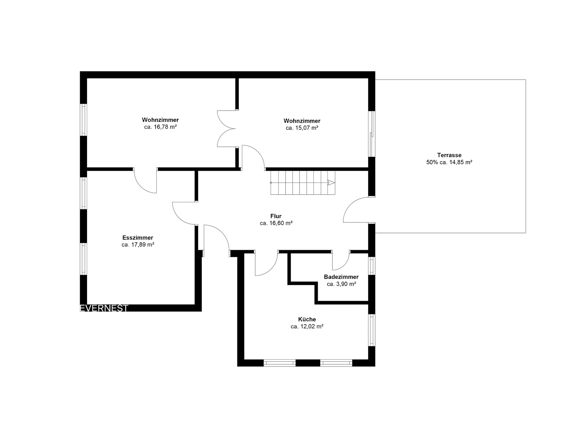 Grundriss einer Wohnung mit Wohnzimmern, Esszimmer, Flur, Bad, Küche und Terrasse.