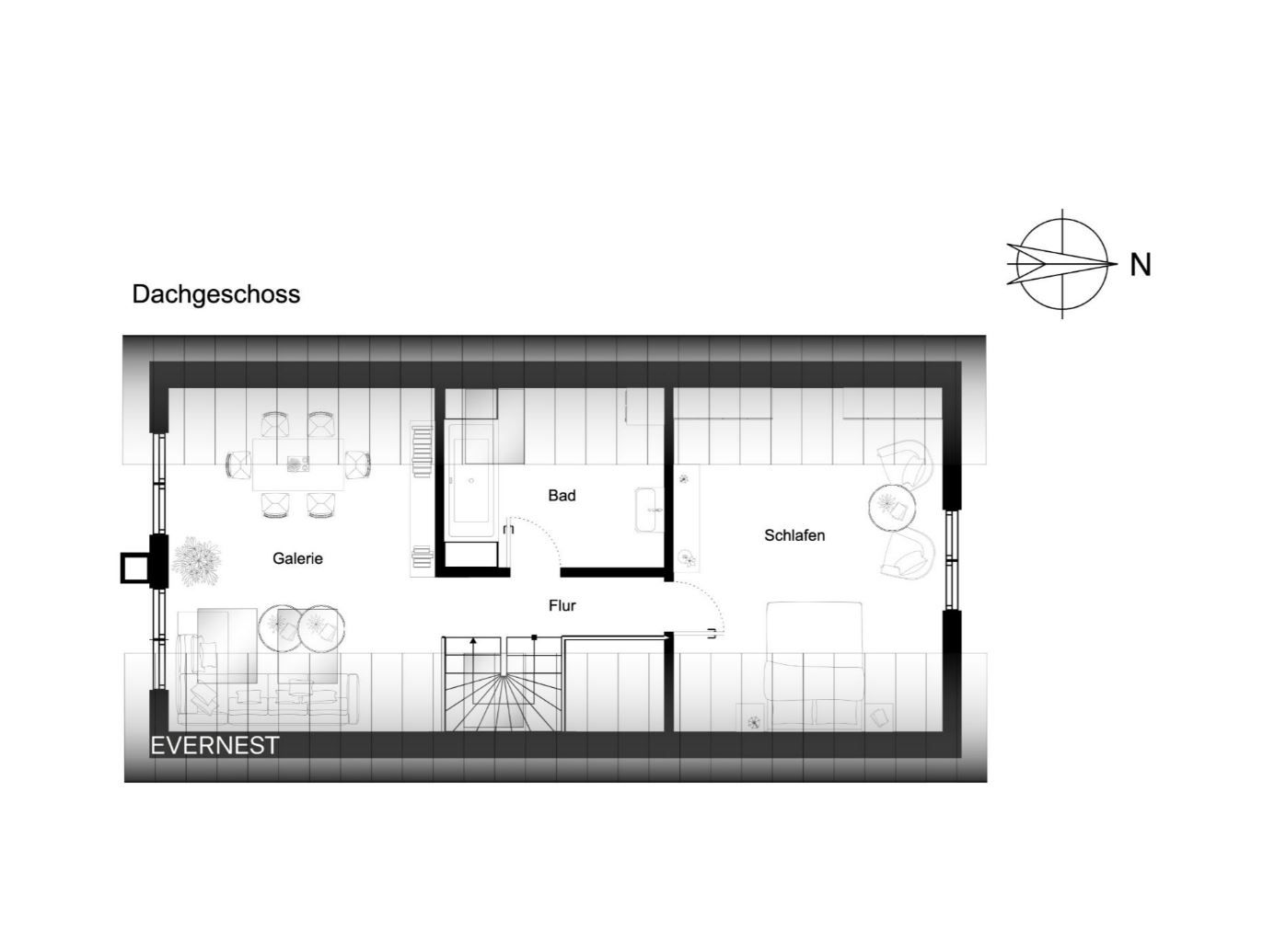 Grundriss eines Dachgeschosses mit Galerie, Bad, Schlafzimmer und Flur.