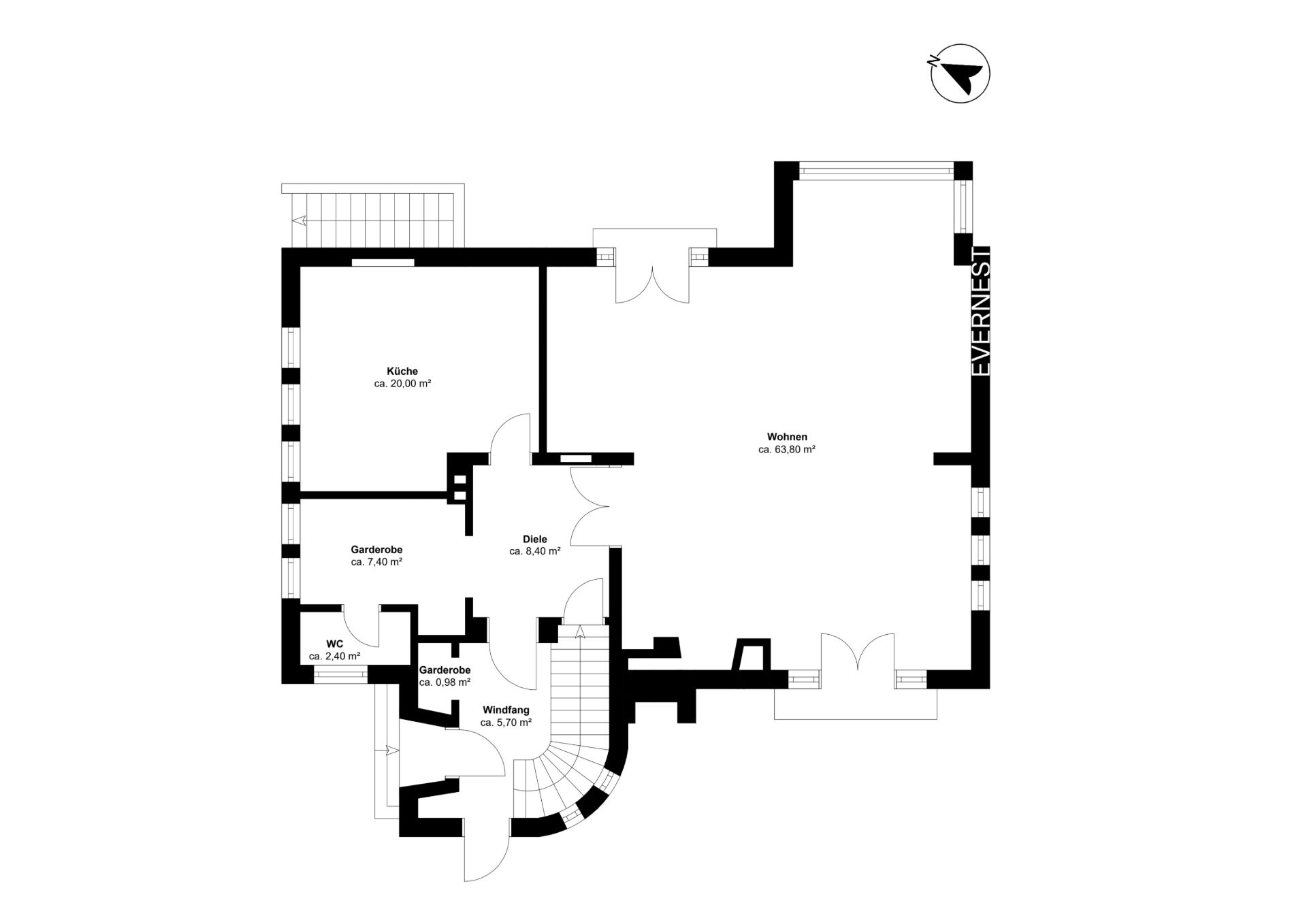 Grundriss eines Wohnhauses mit Küche, Wohnzimmer, Flur, WC, Garderobe und Windfang.