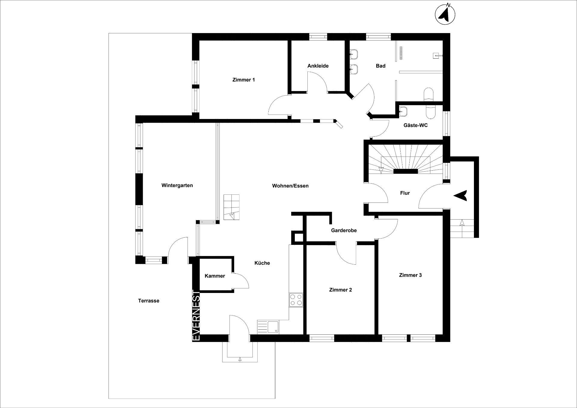 Grundriss eines Hauses mit drei Zimmern, Küche, Bad, Gäste-WC, Wintergarten und Terrasse.