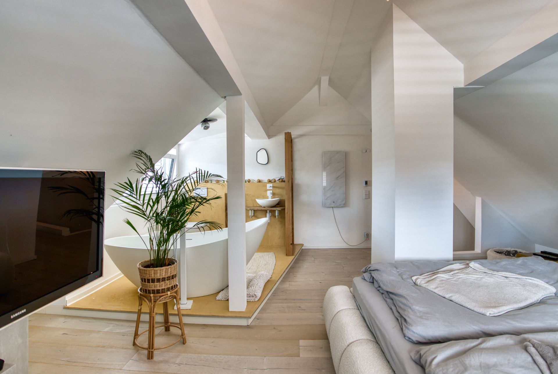 Modernes Schlafzimmer mit freistehender Badewanne, TV, Bett und Zimmerpflanze unter Dachschrägen.