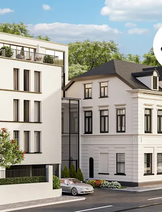 Zwei moderne Wohngebäude mit mehreren Stockwerken und großen Fenstern an einer Straße.