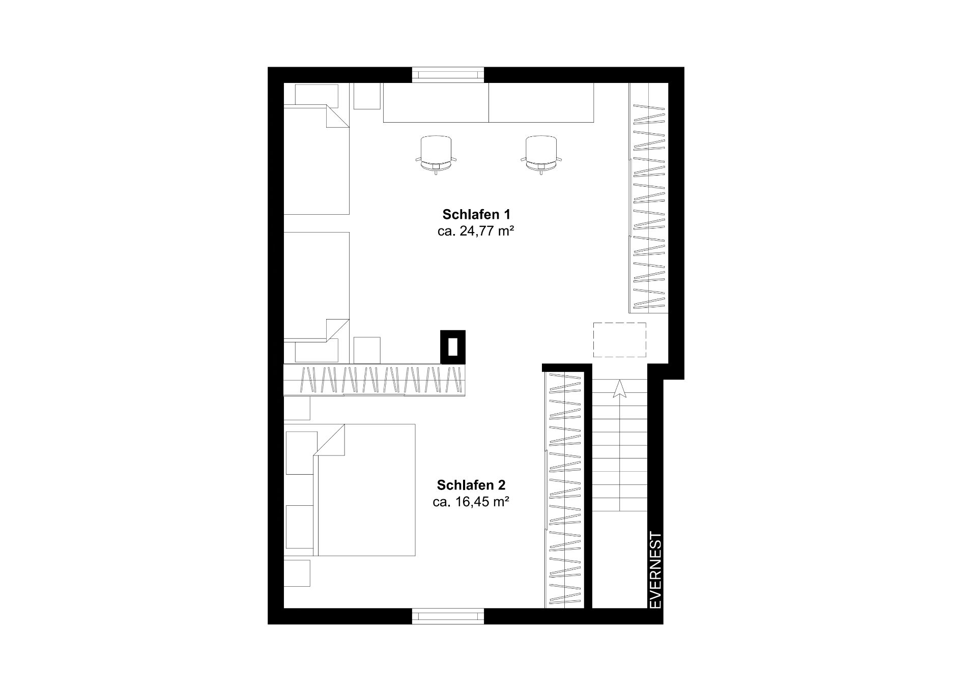Grundriss mit zwei Schlafzimmern, Schlafen 1 und Schlafen 2, sowie Treppenbereich.