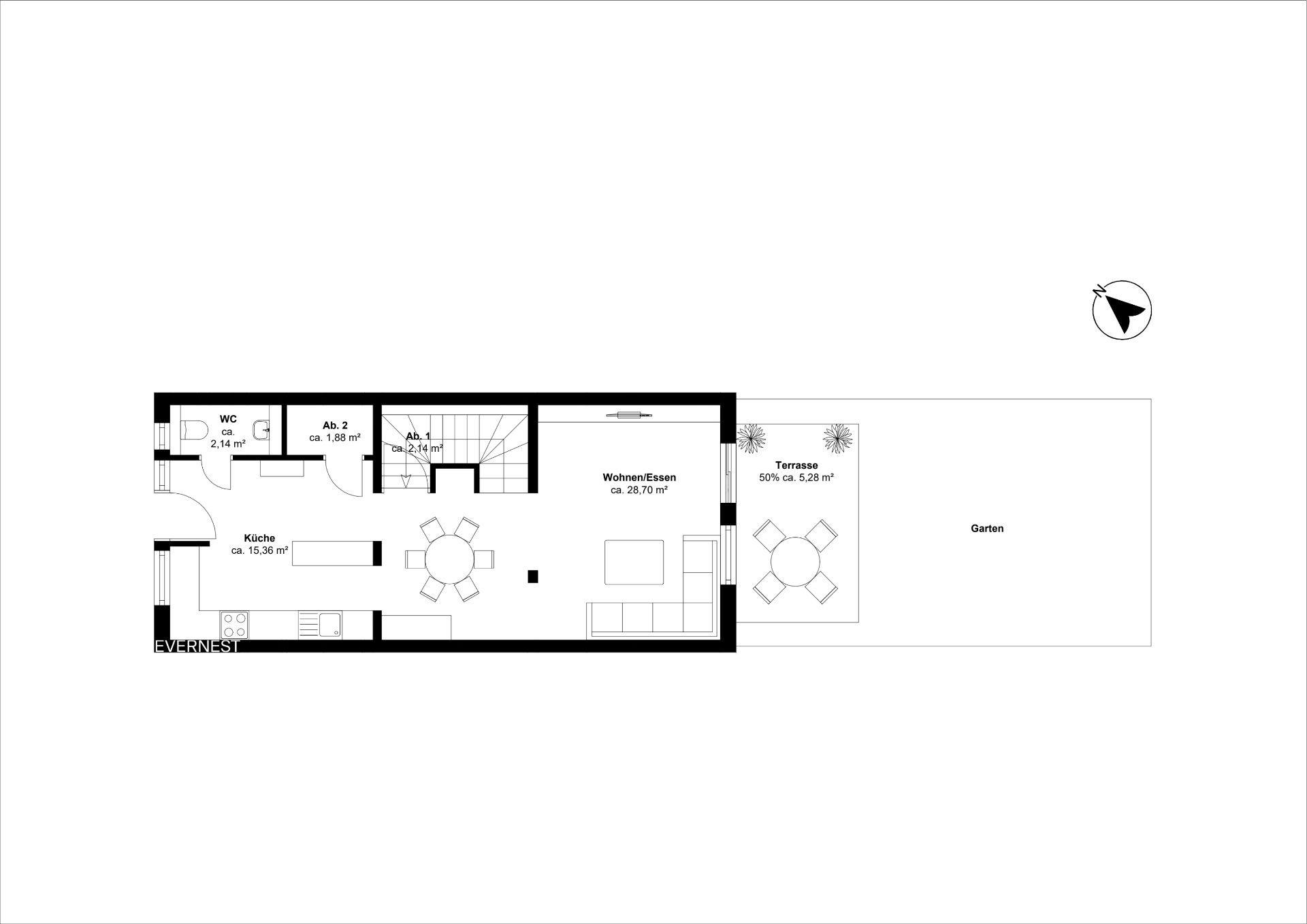 Grundriss mit Küche, WC, Abstellräumen, Wohn-Essbereich, Terrasse und Garten.