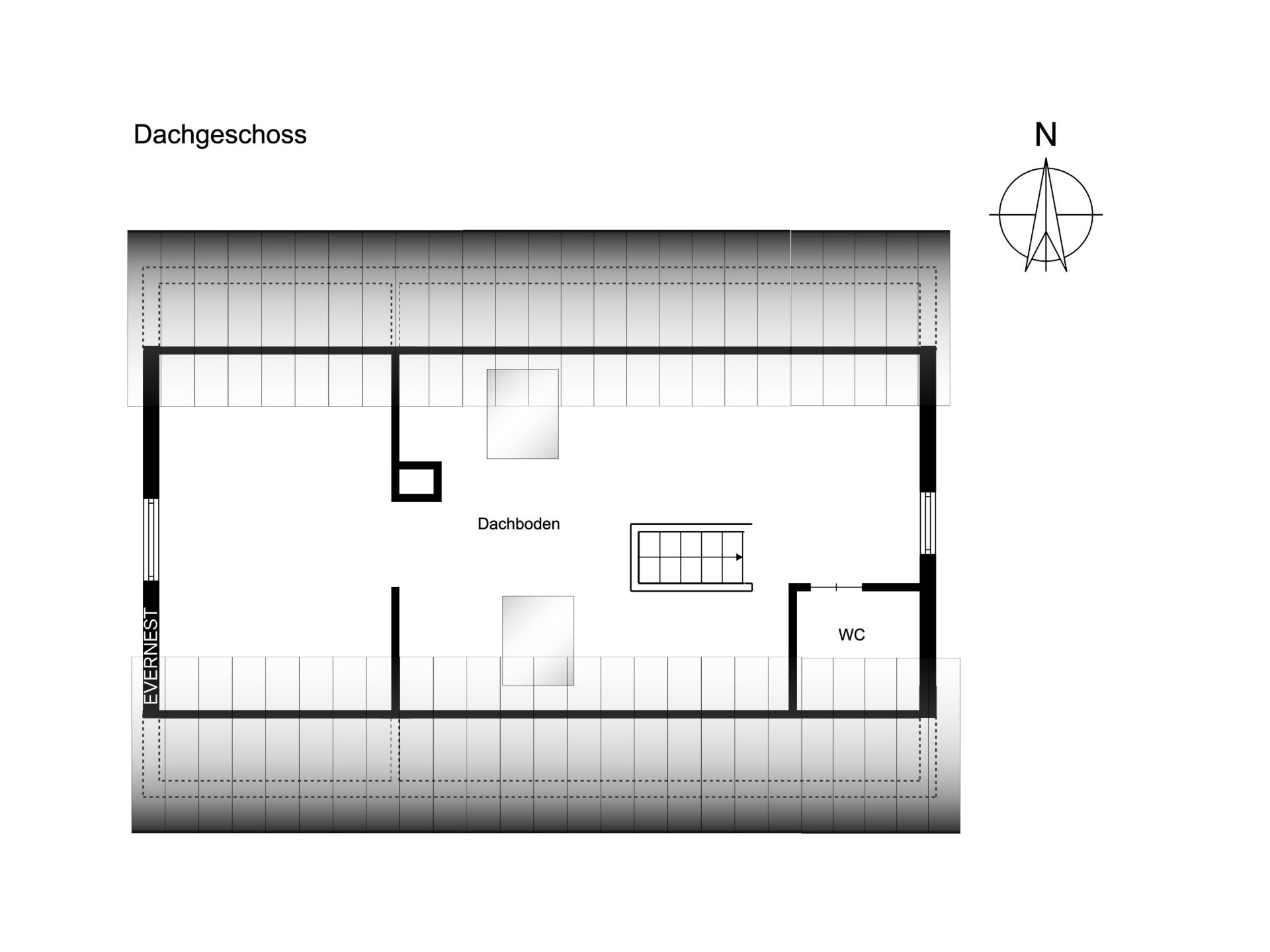 Grundriss des Dachgeschosses mit Dachboden, Treppe und WC.