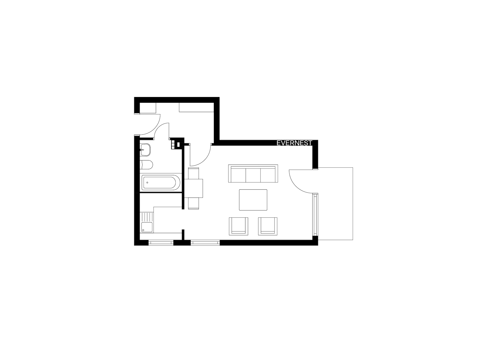 Grundriss einer Wohnung mit Wohnzimmer und Badezimmer.