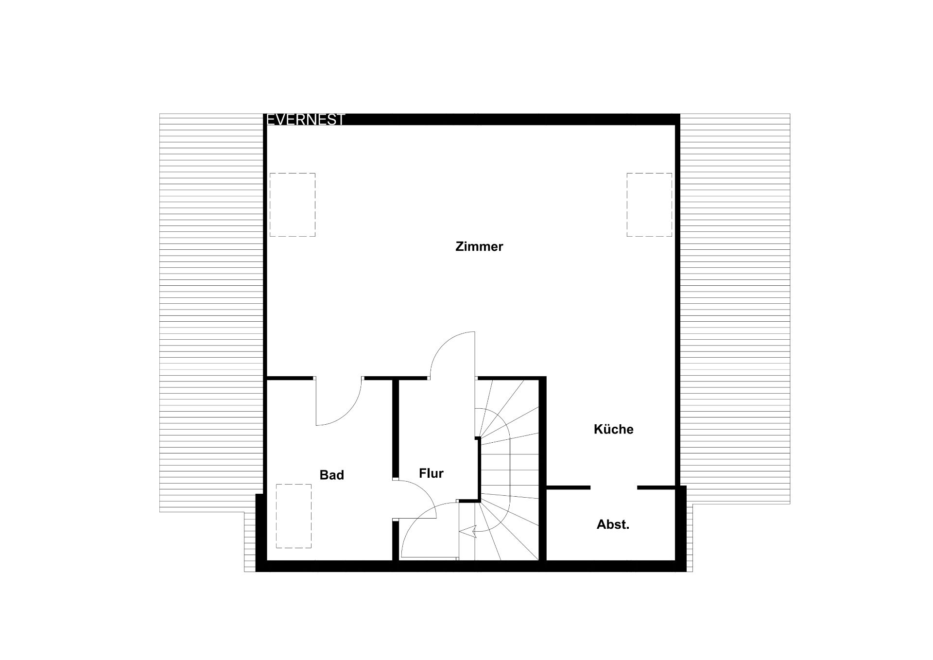 Grundriss einer Wohnung mit Zimmer, Küche, Bad, Flur und Abstellraum.