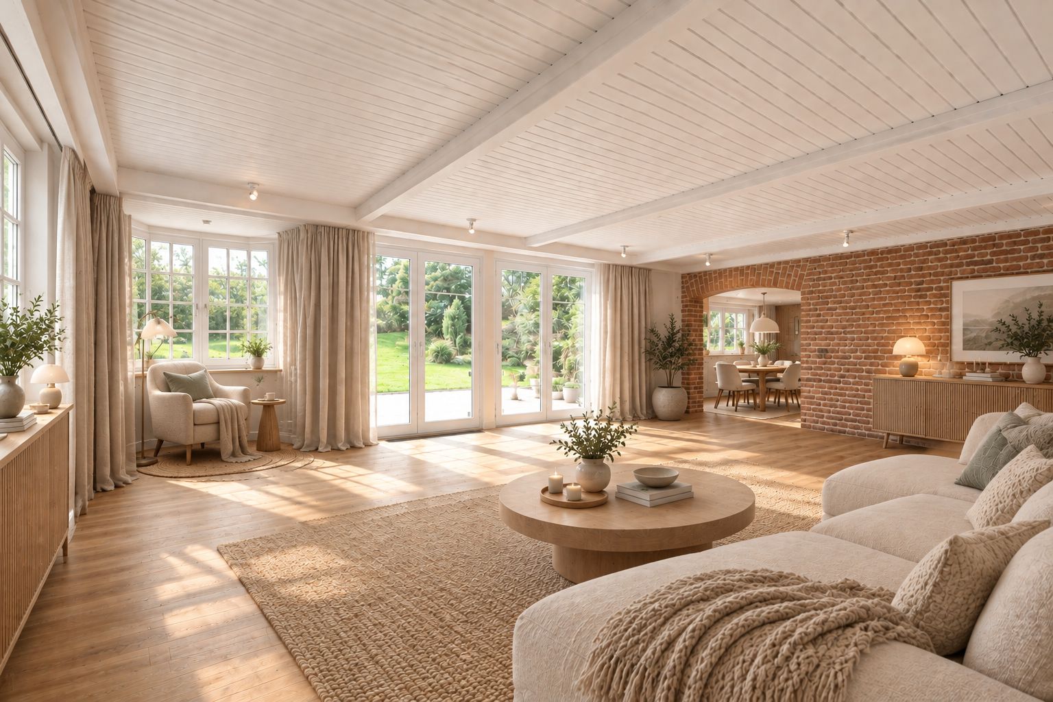 Helles Wohnzimmer mit großen Fenstern, Sofa, Couchtisch, Teppich und Zugang zum Essbereich.