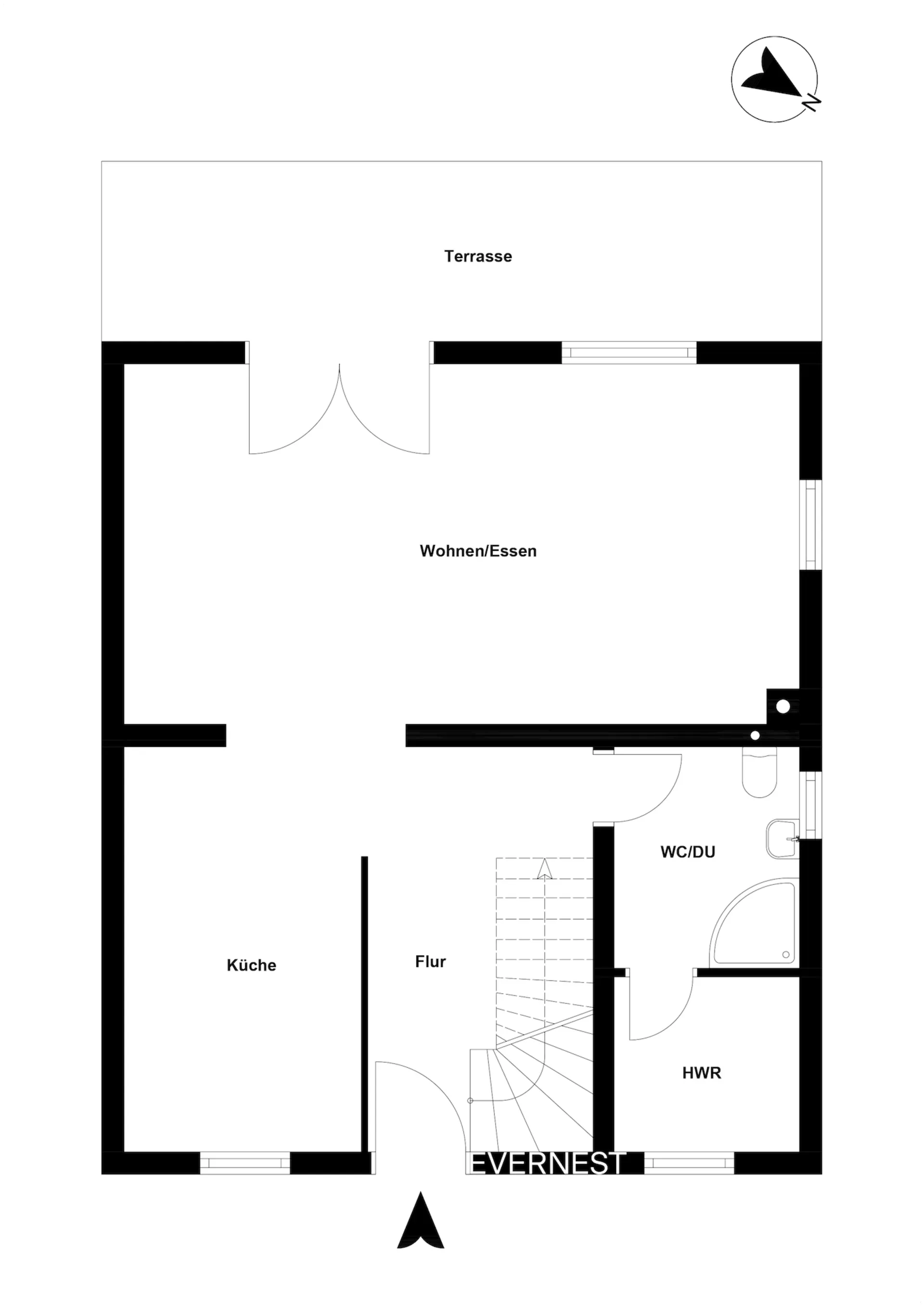 Grundriss mit Terrasse, Wohnzimmer, Küche, Flur, WC/Dusche und Hauswirtschaftsraum.