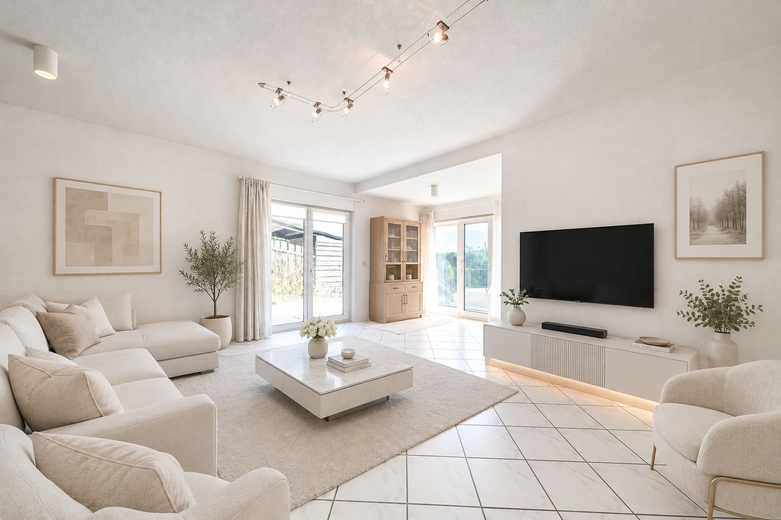 Modernes Wohnzimmer mit weißen Sofas, Couchtisch, großem Fernseher und viel Tageslicht.