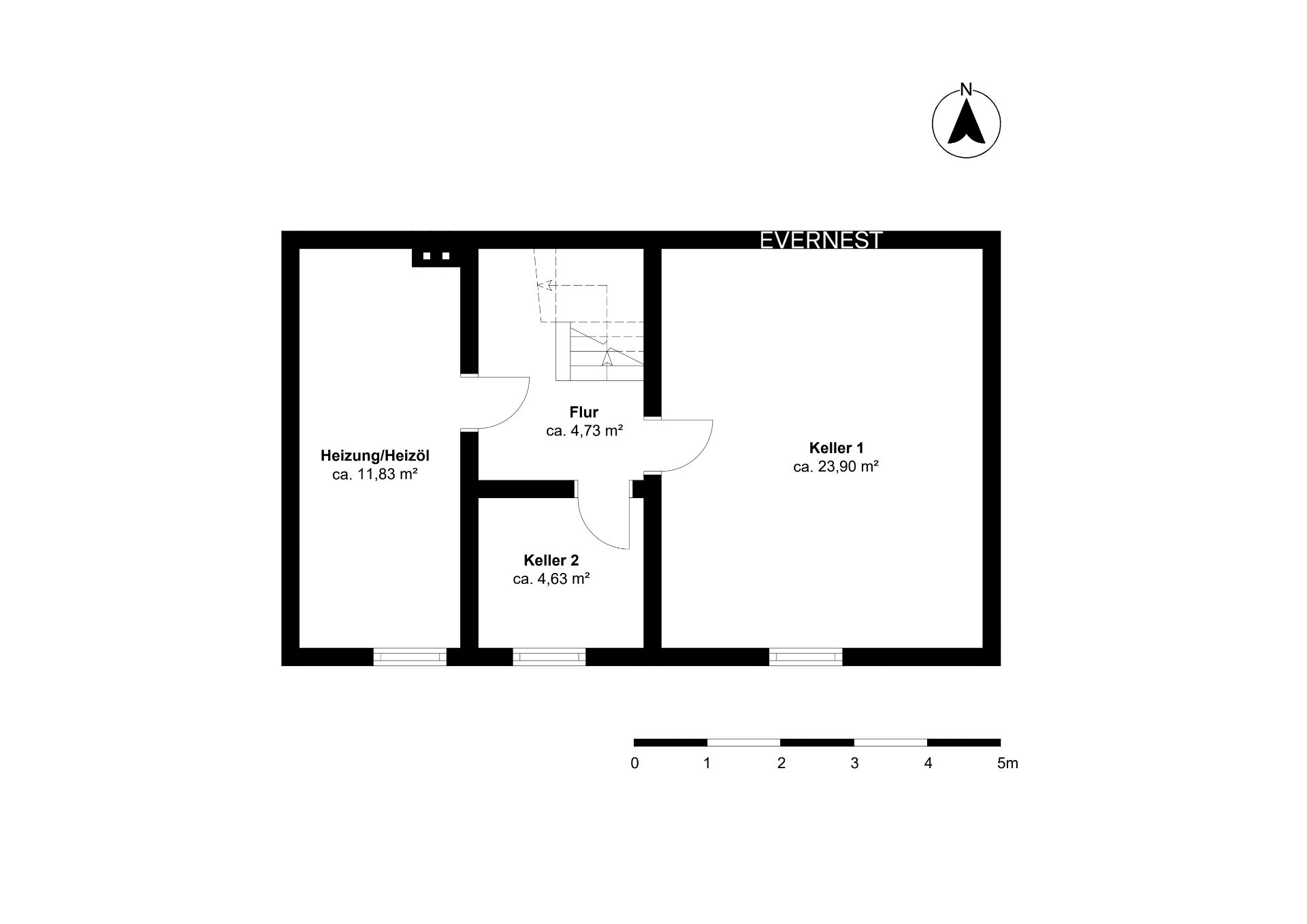Grundriss mit Flur, Heizung, Keller 1 und Keller 2, Flächenangaben in Quadratmetern.