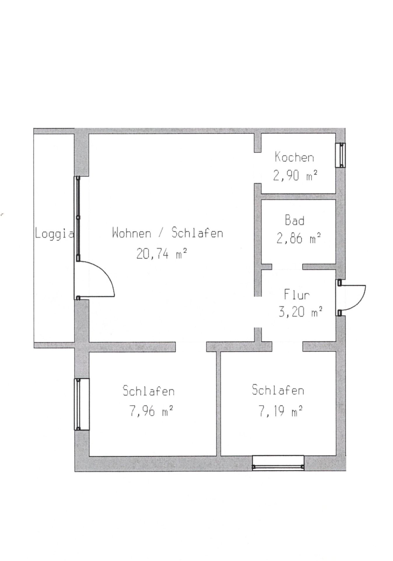 Grundriss einer Wohnung mit Wohnzimmer, zwei Schlafzimmern, Küche, Bad, Flur und Loggia.
