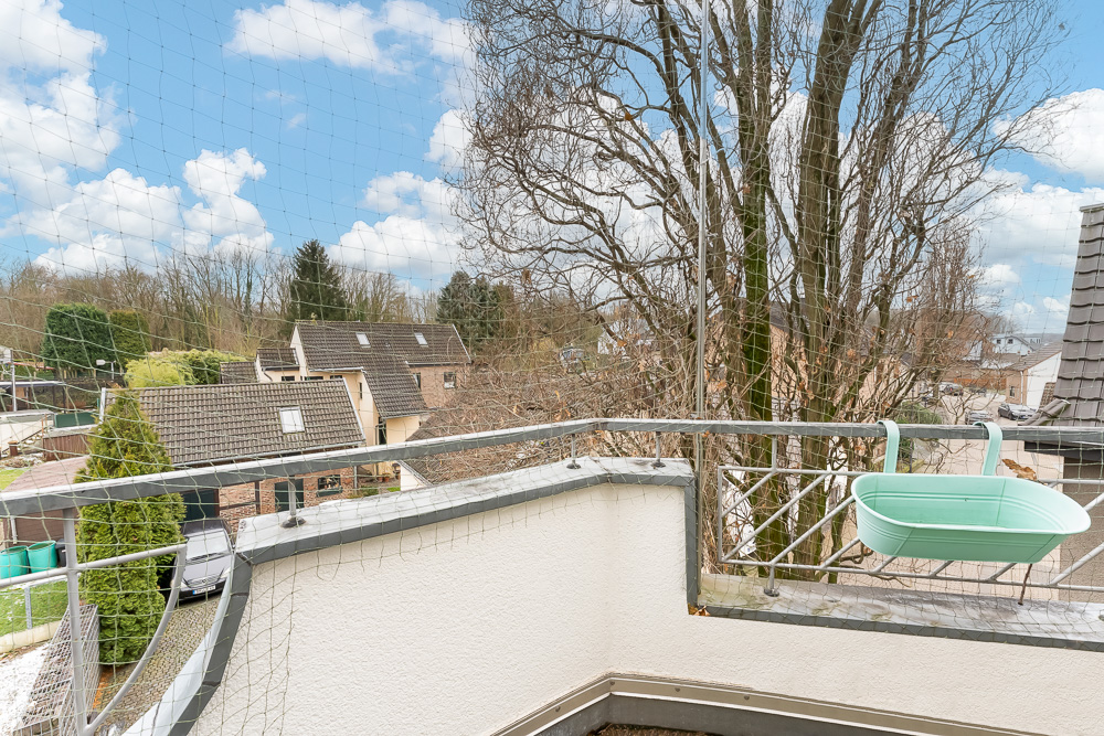 Balkon mit Metallgeländer und grünem Blumenkasten, Blick auf Bäume und Nachbarhäuser.