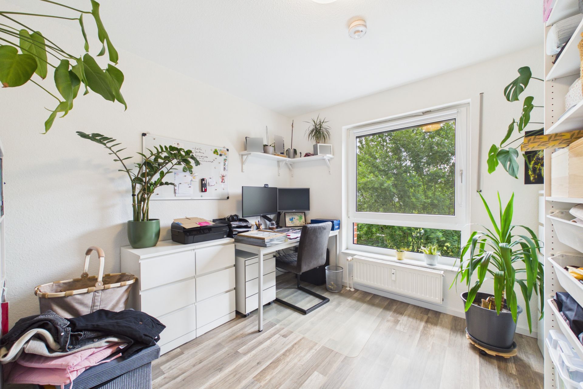 Helles Arbeitszimmer mit Schreibtisch, zwei Monitoren, Pflanzen und großem Fenster.