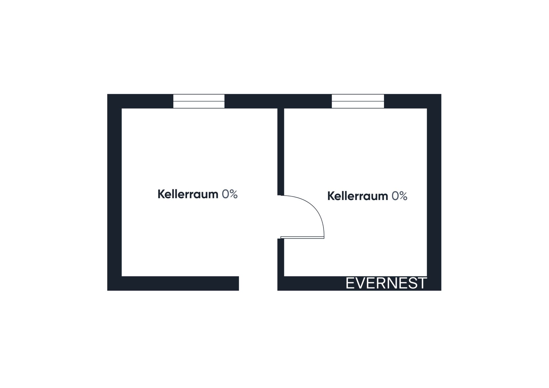 Grundriss mit zwei nebeneinander liegenden Kellerräumen und einer Verbindungstür.