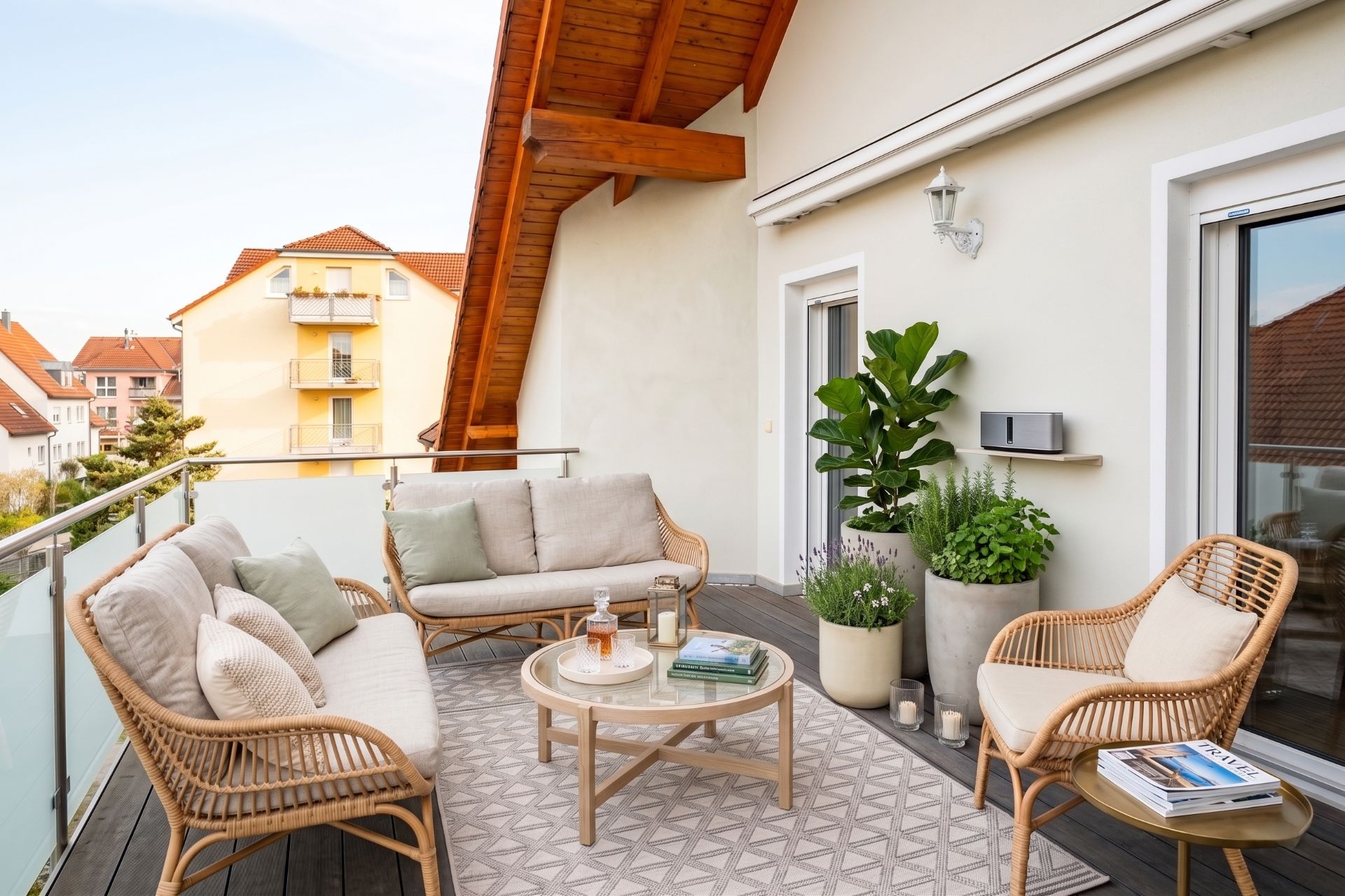 Balkon mit Sitzmöbeln aus Rattan, Tisch, Pflanzen und Blick auf Wohngebäude.