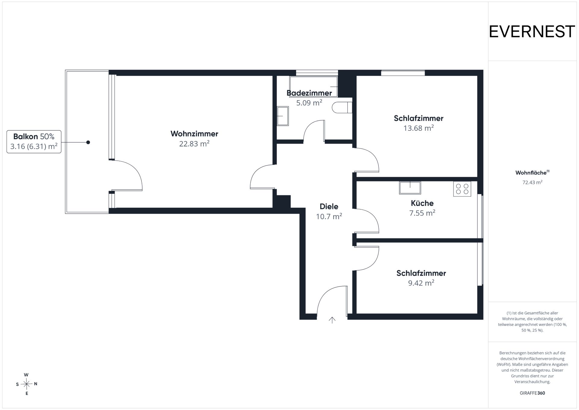 Grundriss einer Wohnung mit Wohnzimmer, zwei Schlafzimmern, Küche, Bad, Diele und Balkon.