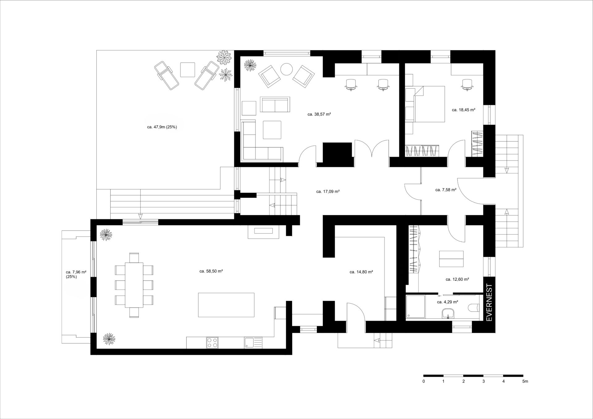 Grundriss eines Wohnhauses mit Wohnzimmer, Küche, Schlafzimmern und Terrasse.