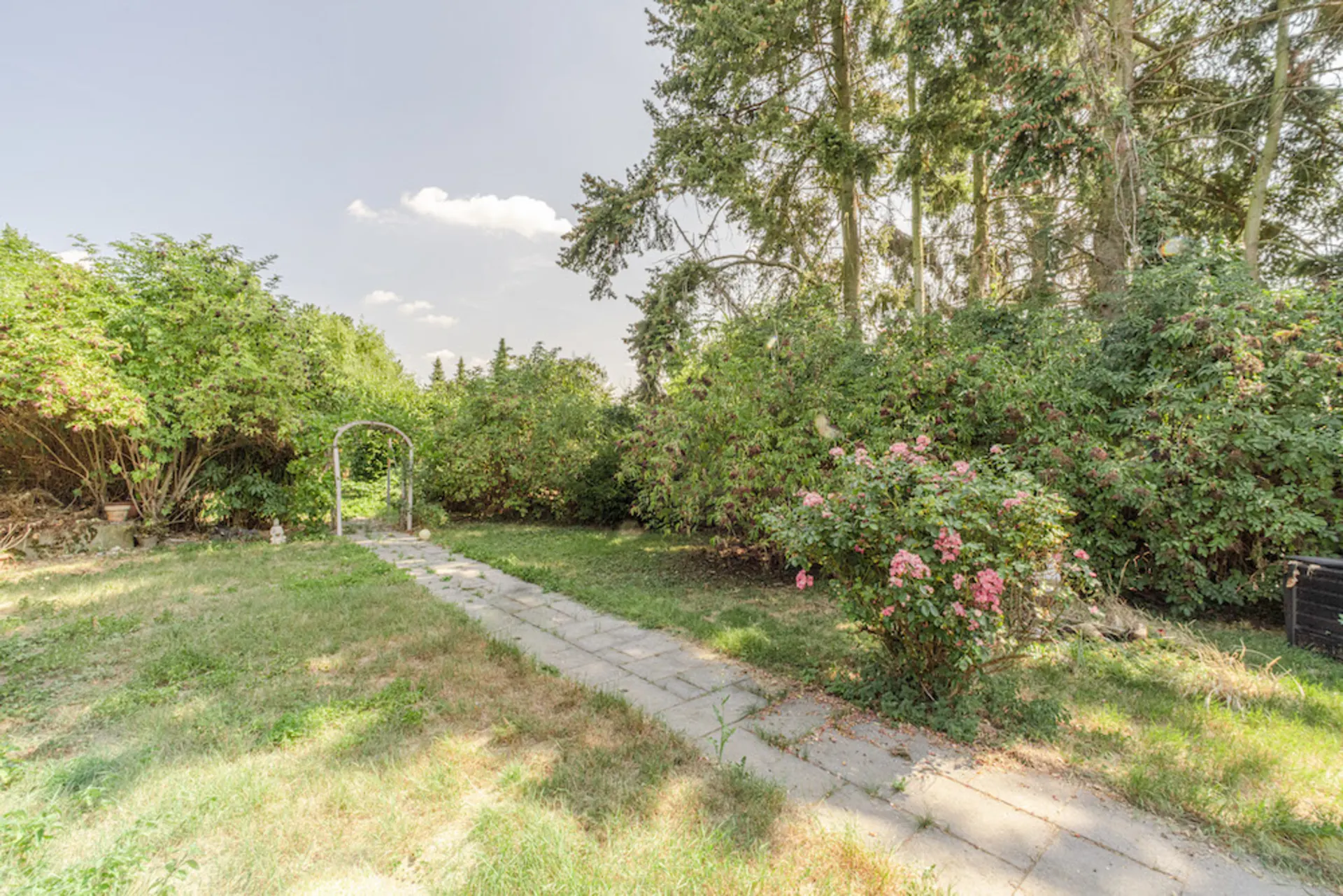 Garten mit Rasenfläche, Blumenstrauch, Steinweg und Bäumen im Hintergrund.