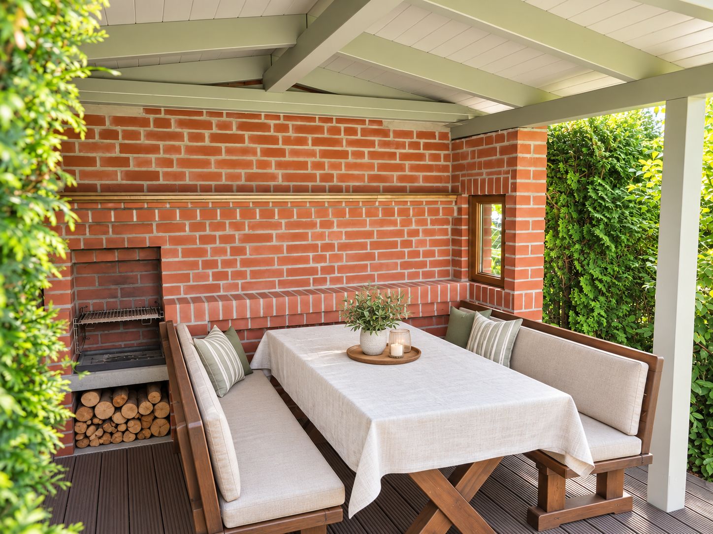 Überdachte Terrasse mit Holzbänken, gedecktem Tisch und gemauertem Grill an einer Ziegelwand.