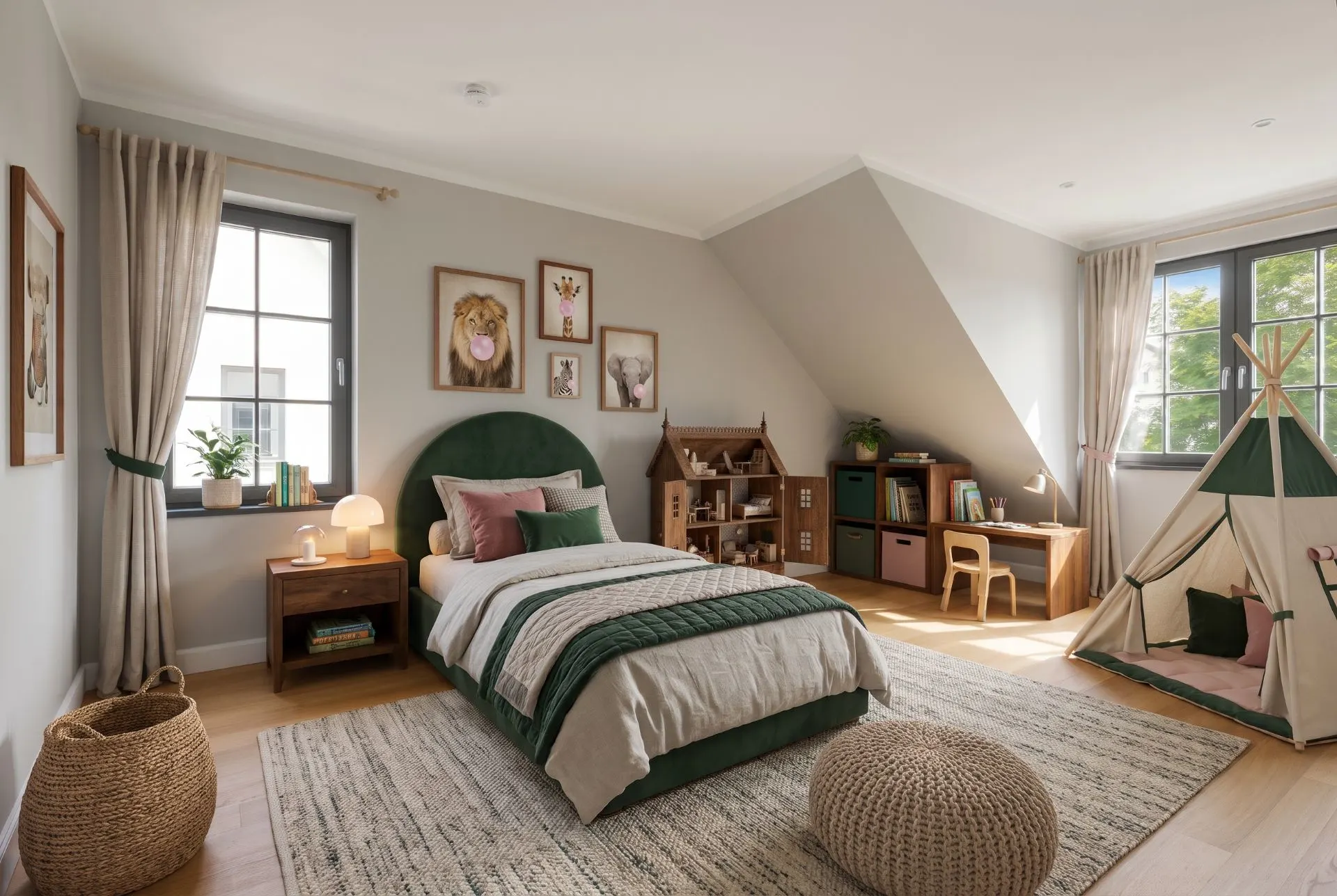 Helles Kinderzimmer mit Einzelbett, Schreibtisch, Spielzelt und großen Fenstern.