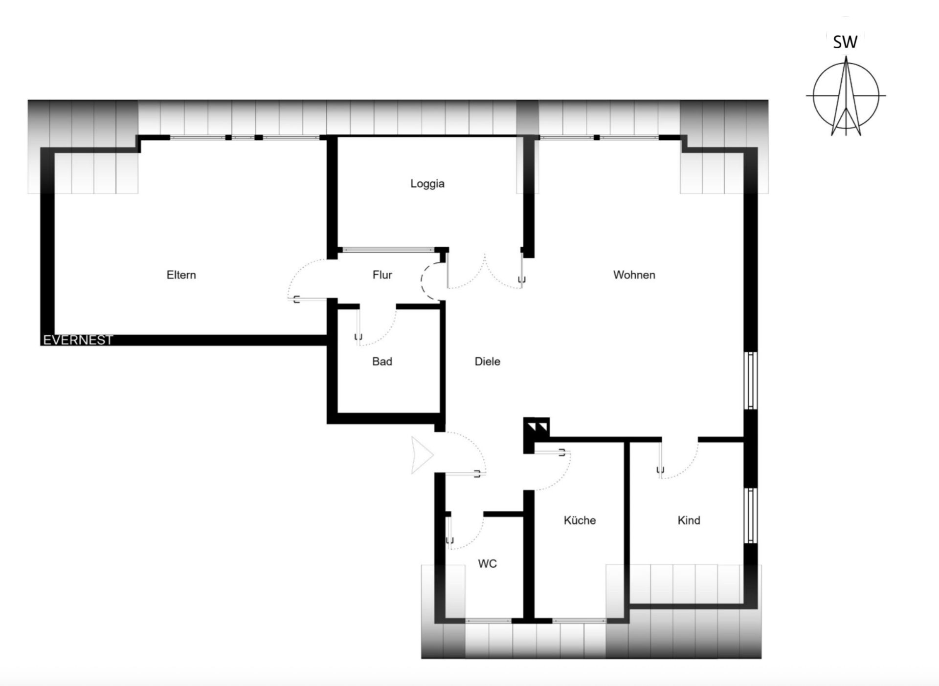 Grundriss einer Wohnung mit Eltern-, Kinderzimmer, Bad, Küche, WC, Loggia und Wohnzimmer.