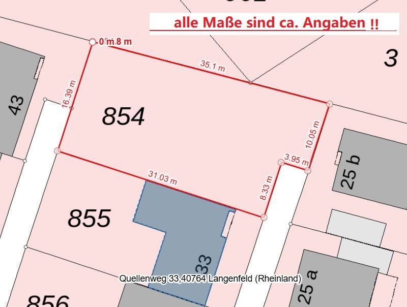Grundstücksplan mit markierten Grundstücksgrenzen und Maßangaben für Flurstück 854.
