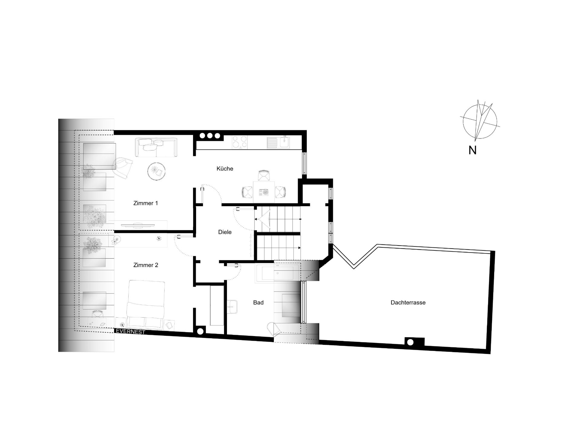 Grundriss mit zwei Zimmern, Küche, Bad und großer Dachterrasse.