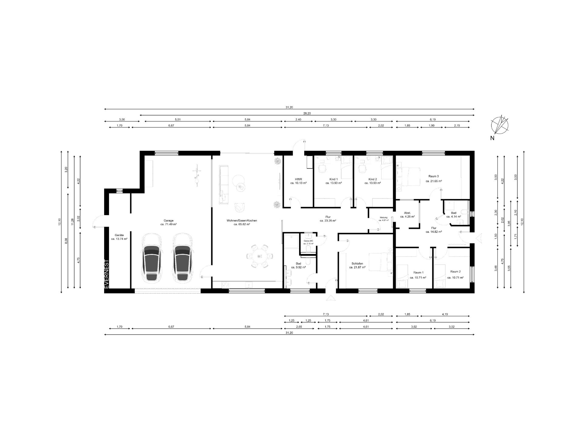 Grundriss eines Wohnhauses mit Garage, mehreren Zimmern, Badezimmern und offenem Wohnbereich.