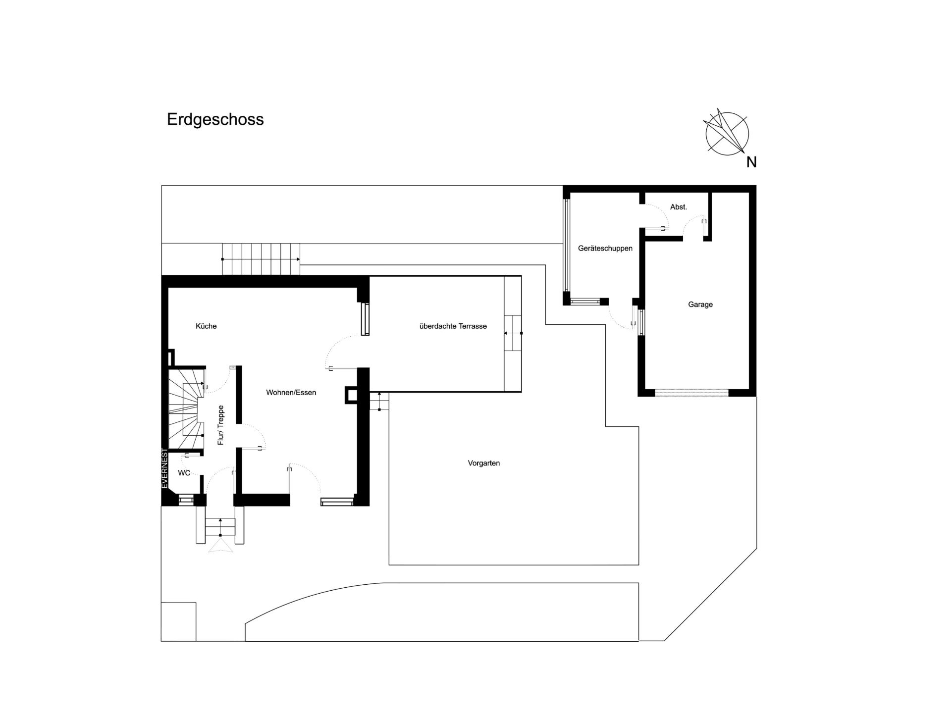 Grundriss des Erdgeschosses mit Küche, Wohnbereich, WC, Terrasse, Garage und Vorgarten.