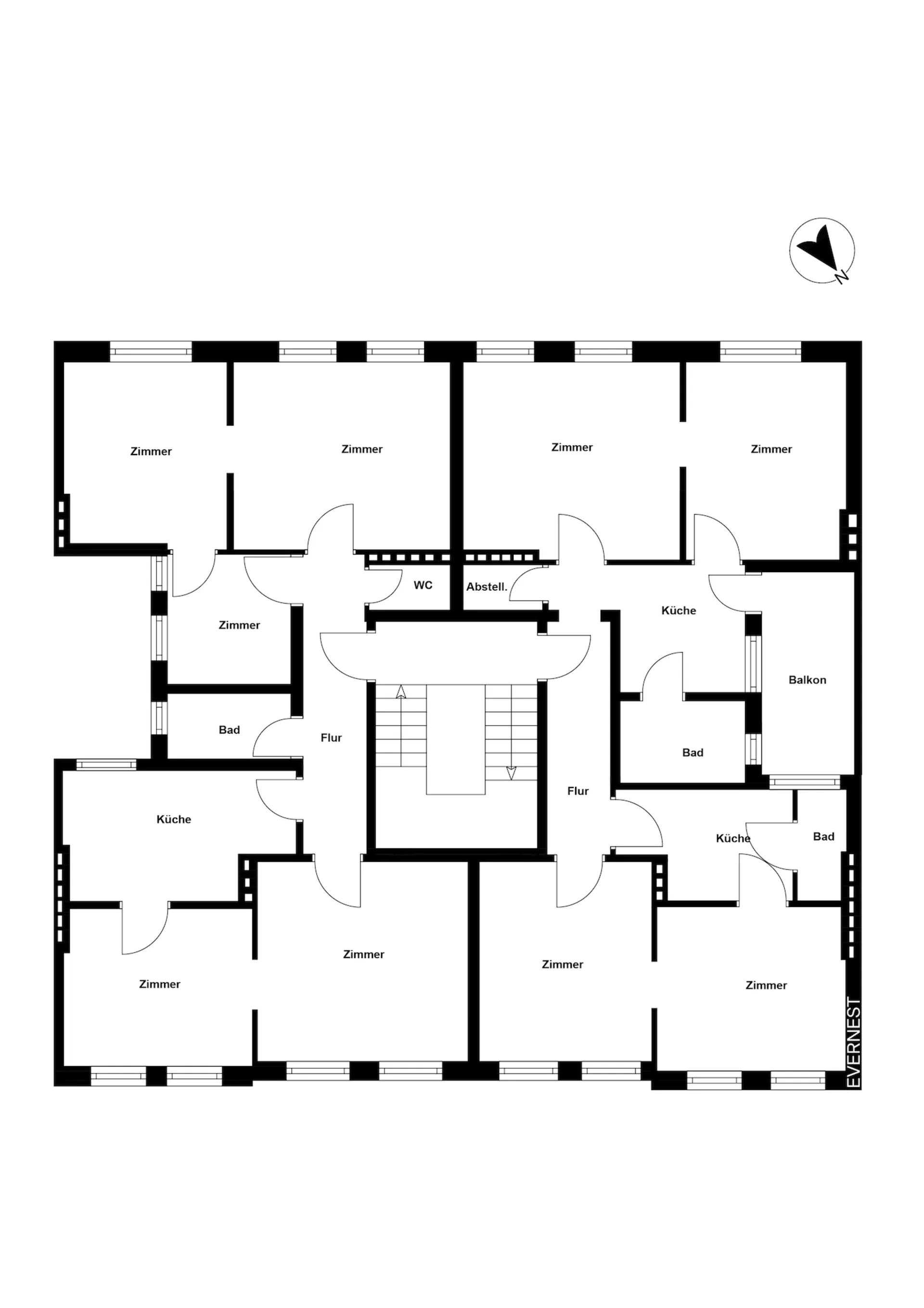 Grundriss einer Wohnung mit mehreren Zimmern, Küchen, Bädern, Balkon und Fluren.
