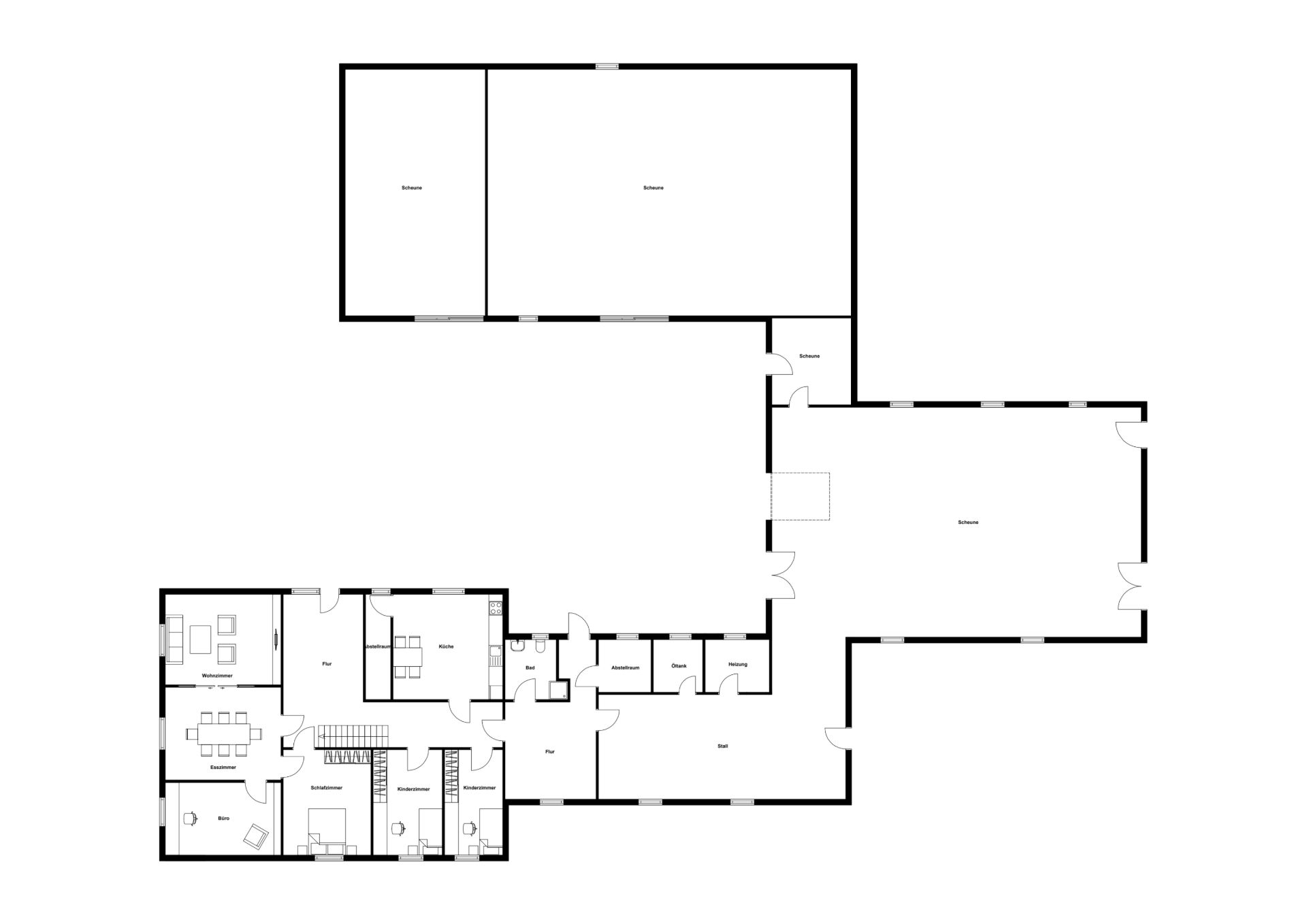 Grundriss eines Wohnhauses mit mehreren Zimmern, Bädern und großem Wohnzimmer.